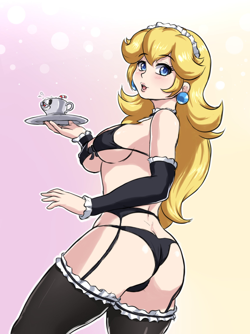 ass, black bra, black garter straps, black panties, blonde female, blonde hair, blue eyes, bra, breasts, crossover, cuphead, cuphead (game), earrings, enmaided, female, garter belt, garter straps, holding plate, leonart, long hair, maid, maid headdress, maid uniform, mario (series), medium breasts, nintendo, panties, plate, princess peach, thighhighs
