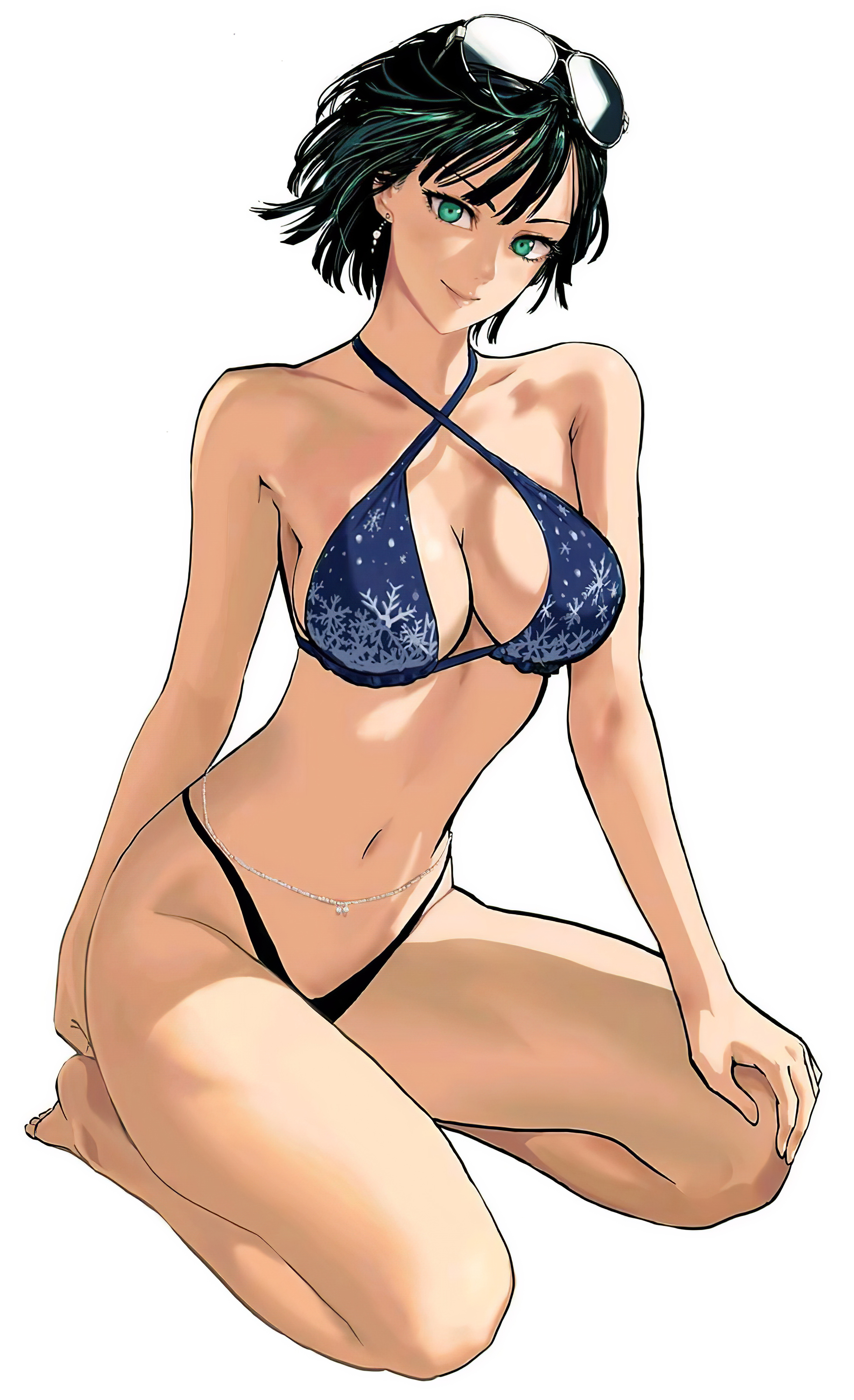 1girls, absurd res, absurdres, athletic, athletic female, barefoot, bell, big breasts, bikini, breasts, curvaceous, curvy, curvy body, curvy female, curvy figure, earrings, female, female focus, female only, fubuki (one-punch man), full body, green eyes, green hair, highres, jewelry, large breasts, looking at viewer, murata yuusuke, official art, one-punch man, seiza, simple background, sitting, smile, sole female, solo, solo female, solo focus, sunglasses, sunglasses on head, swimsuit, voluptuous
