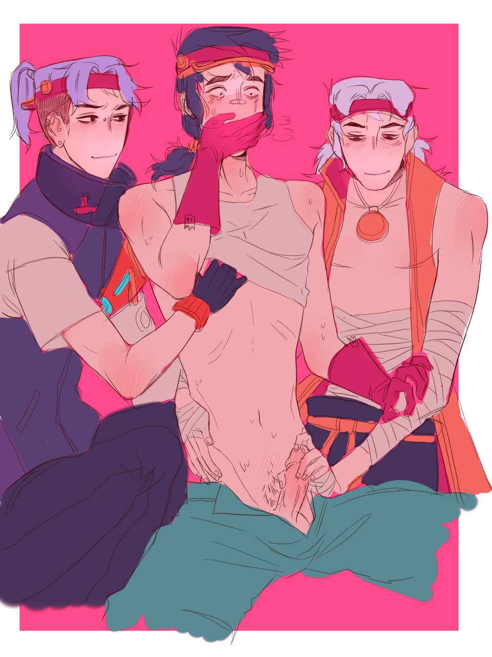 3boys blush body_hair bondage brawl_stars clothed_masturbation clothed_sex embarrassed fang_(brawl_stars) gloves hand_holding hand_under_clothes hat jeans jeans_down looking_at_another looking_at_partner looking_at_penis looking_away looking_straight male male/male/male male_only purple_hair scared selfcest tapok white_hair