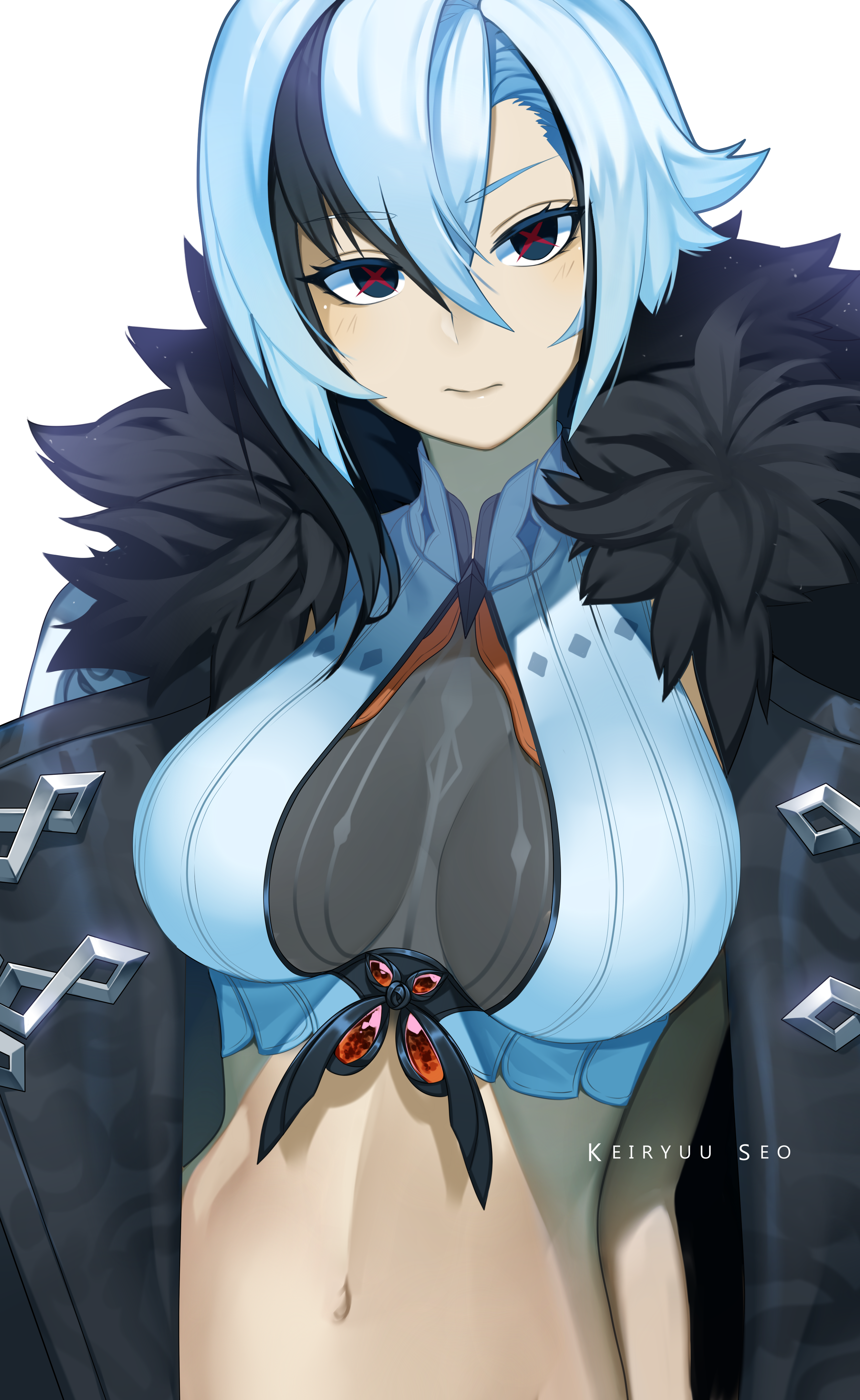 1girls, absurdres, arlecchino (genshin impact), ass visible through thighs, bare shoulders, big breasts, black eyes, black hair, blue eyes, blue hair, breasts, cleft of venus, coat, collarbone, embarrassed, female, fur coat, fur trim, genshin impact, highres, keiryuu seo, large breasts, light smile, looking at viewer, multicolored hair, navel, nipples, nude, nude female, off shoulder, presenting, pussy, red pupils, short hair, simple background, solo, streaked hair, symbol-shaped pupils, thick thighs, thighs, undressing, white body, white hair, white skin, x-shaped pupils