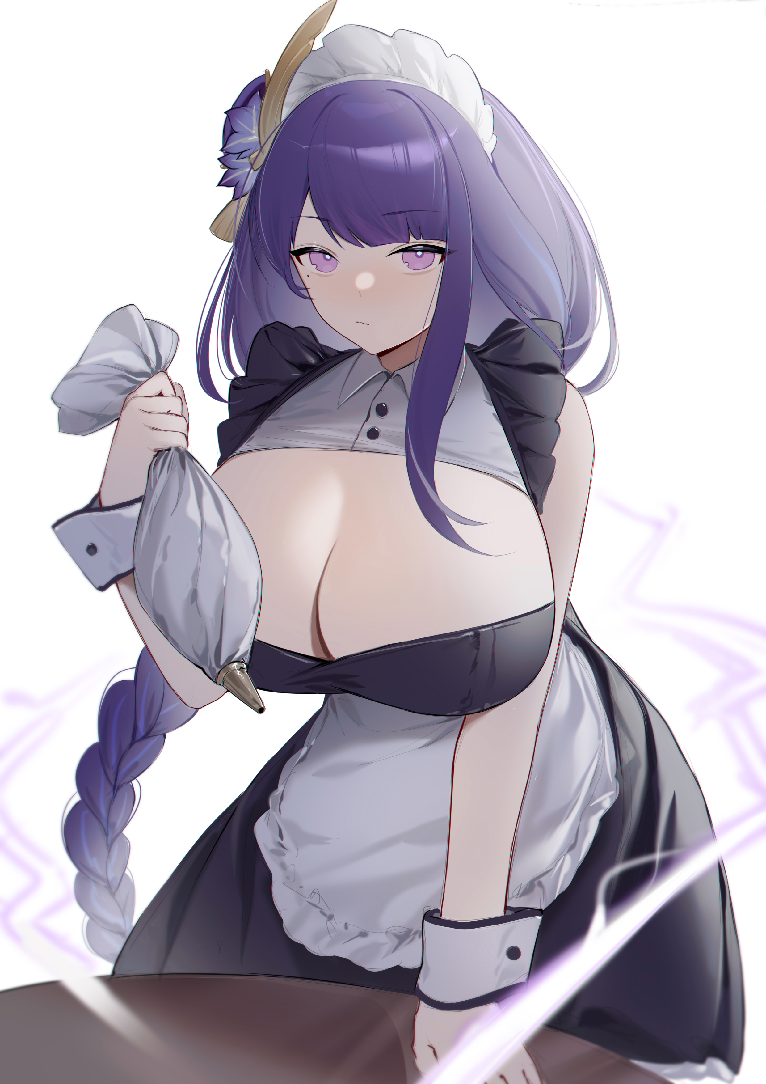 1girls, bare shoulders, breasts, cleavage, female, genshin impact, hair ornament, highres, huge breasts, long hair, looking at viewer, maid, maid uniform, mole, mole under eye, purple eyes, purple hair, raiden shogun, shibuya (kurokamishain), simple background, solo, standing, table, white background