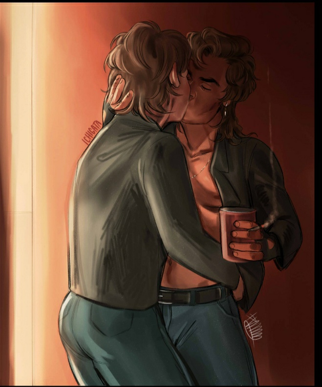 2boys belt belt_buckle billy_hargrove blonde_hair brown_eyes brown_hair earring gay gloves holding_head ichigatas making_out male male/male male_only necklace open_shirt smoking steve_harrington stranger_things yaoi