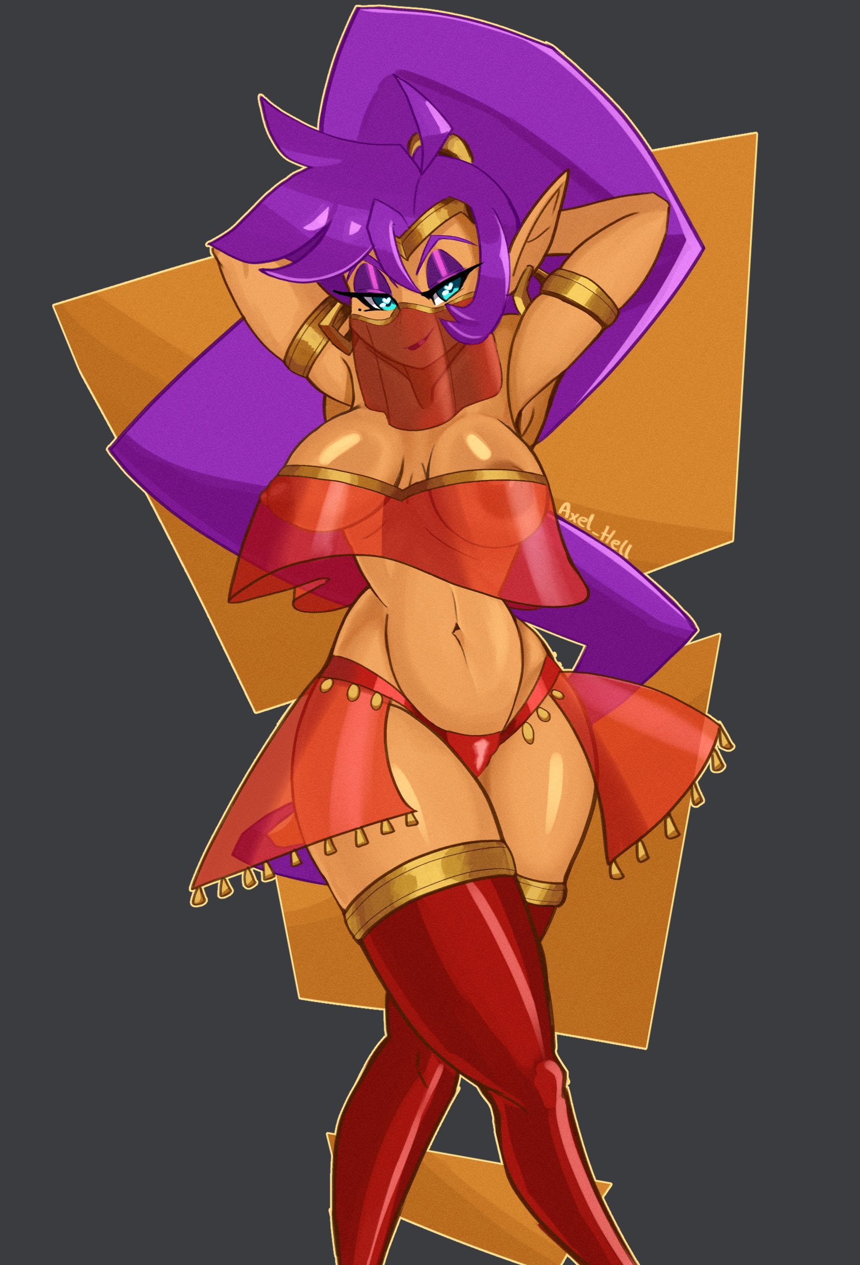 1girls, areolae, axel hell, belly dancer, belly dancer outfit, big breasts, blue eyes, bottomwear, breasts, dancer outfit, dark areola, elf ears, eyeshadow, female, female only, hair, half-closed eyes, hands behind head, harem outfit, hips, lips, lipstick, mouth veil, pointy ears, ponytail, purple eyeshadow, purple hair, red clothing, red lips, red thighhighs, shantae, shantae (character), skimpy, skimpy outfit, smile, smooth skin, solo, solo female, thick thighs, thighhighs, thighs, topwear, wayforward