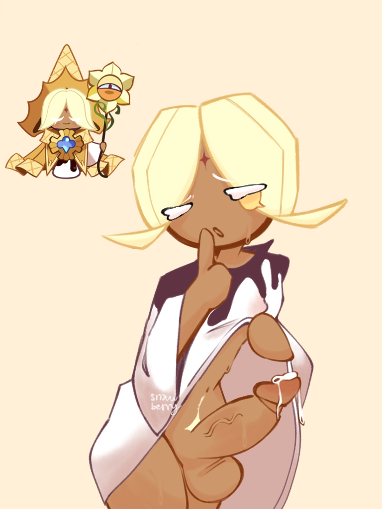 1boy, balls, big balls, big penis, blonde hair, cookie run, dark skin, dark-skinned femboy, dark-skinned male, dark-skinned sissy, dark-skinned twink, femboy, hair, lifted by self, lifting dress, male, male only, one eye closed, open mouth, penis, precum, presenting, pubic hair, pure vanilla cookie, short hair, shushing, simple background, solo, srrawberry, sweat, sweating, thick thighs, yellow background, yellow eyes, yellow hair