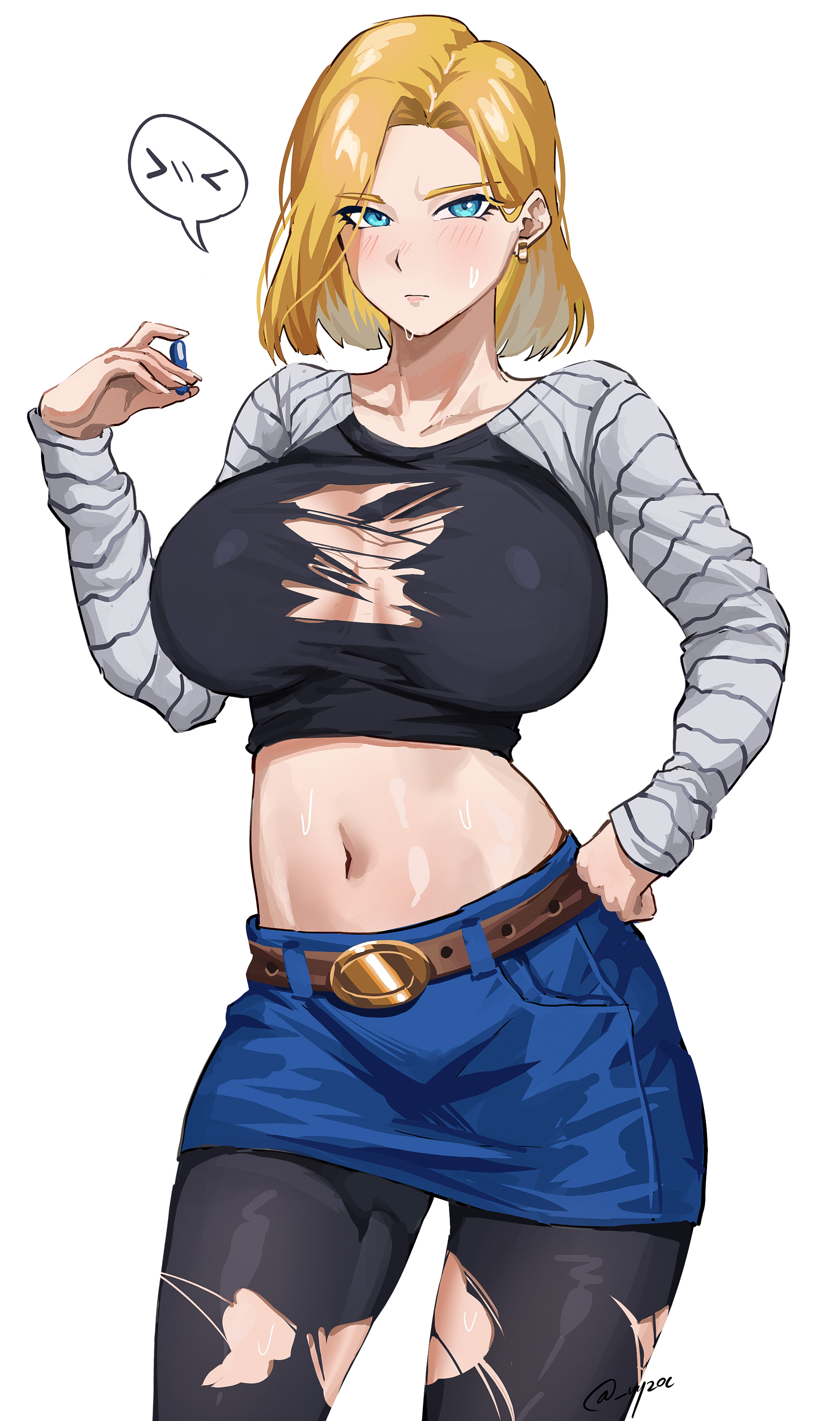 1girls, alternate version available, android 18, android girl, barely contained, barely contained breasts, blonde female, blonde hair, blue eyes, breasts too big, cleavage, dragon ball, dragon ball z, female, female only, inconvenient boobs, inconvenient breasts, looking at viewer, ripped clothing, shounen jump, solo, solo female, too tight, torn clothes, undersized clothes, undersized clothing, uyzoc, wardrobe malfunction