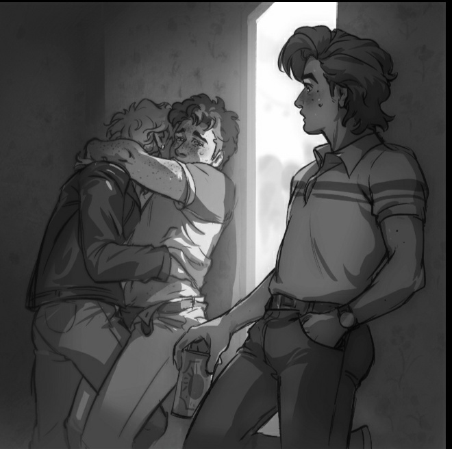 3boys, billy hargrove, blonde hair, blush, boner, brown eyes, brown hair, can in hand, caught, caught in the act, caught making out, gay, gay sex, grinding on penis, grinding through clothes, hand in pocket, hand under shirt, hard on, male, male only, male/male, penis, steve harrington, stranger things, tommy hagan, unbuckled belt, unzipped pants, yaoi with male audience