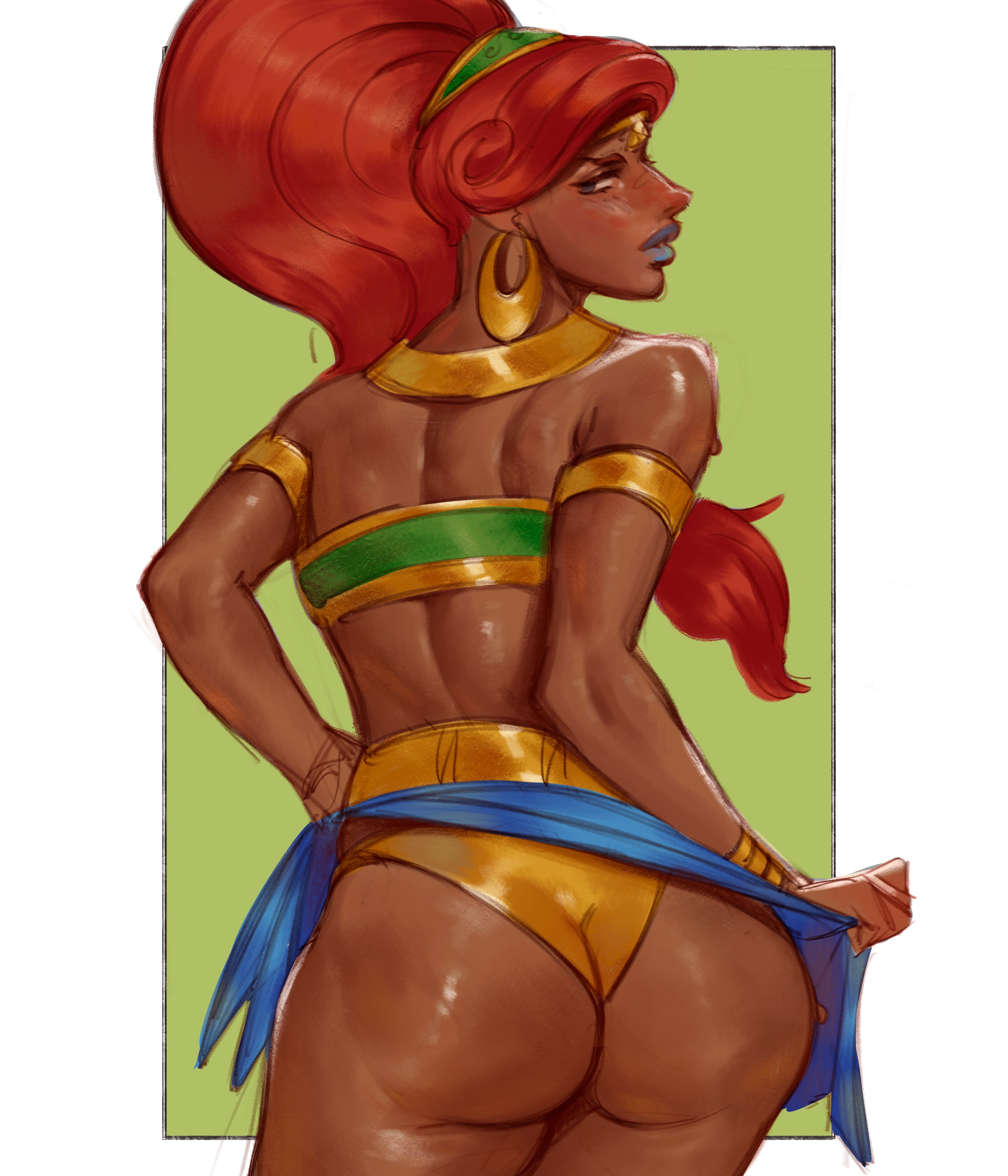 ankaeverlasting, ass, blue lipstick, blush, breath of the wild, dark skin, dark-skinned female, female, gerudo, huge ass, looking back, middle eastern, middle eastern clothing, middle eastern female, red hair, showing ass, the legend of zelda, urbosa