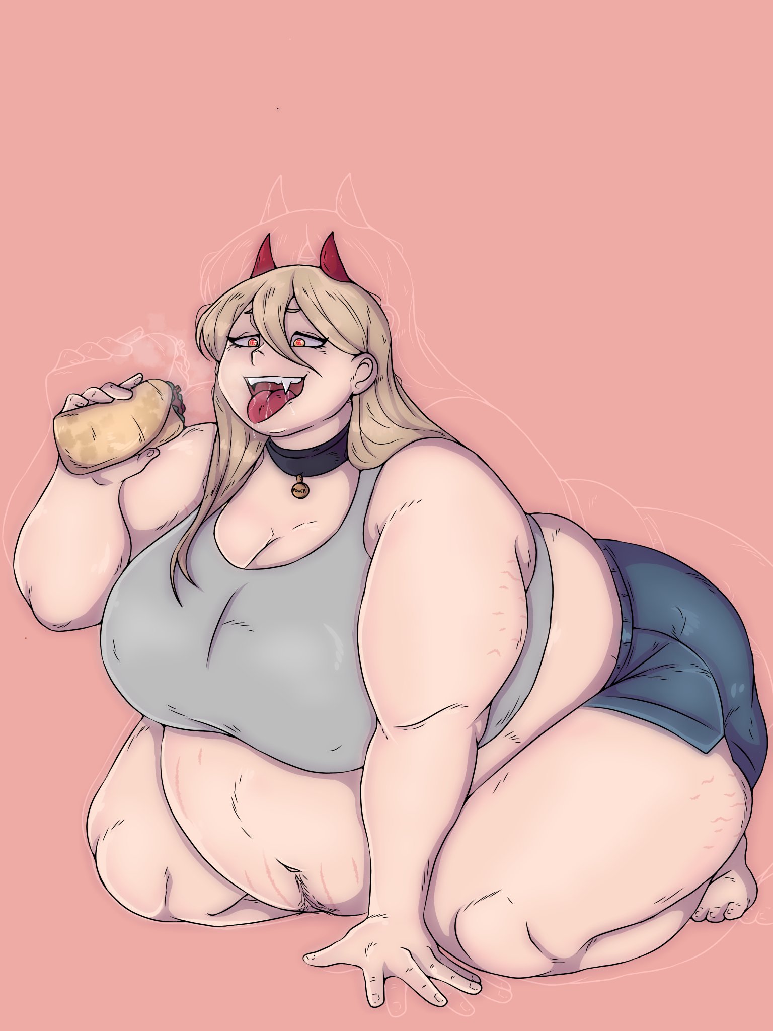 bbw, big ass, big belly, big breasts, big thighs, blonde hair, breasts, burrito, chainsaw man, chubby, chubby female, collar, fangs, female, horns, huge ass, huge belly, huge breasts, huge thighs, katmissk4tt666, morbidly obese, morbidly obese female, obese, obese female, orange eyes, overweight, overweight female, plus size, power (chainsaw man), pudgy belly, saliva