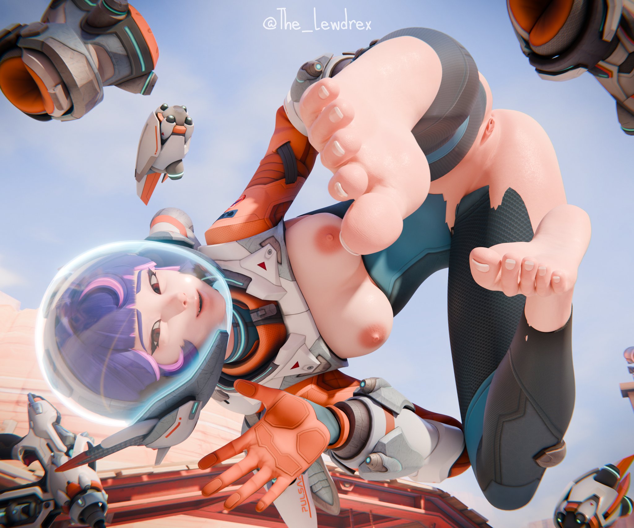 1girls, 3d, 3d (artwork), areolae, astronaut, astronaut helmet, blender, blizzard entertainment, breasts, breasts out, clothed, clothing, feet, female, female focus, female only, headwear, helmet, hi res, highres, juno (overwatch), leggings, lewdrex, light skin, light-skinned female, looking at viewer, medium breasts, nipples, overwatch, overwatch 2, purple hair, pussy, pussy lips, pussy peek, ripped clothing, ripped leggings, ripped pants, shaved crotch, shaved pussy, showing off, small breasts, smile, smiling, soles, vagina, watermark