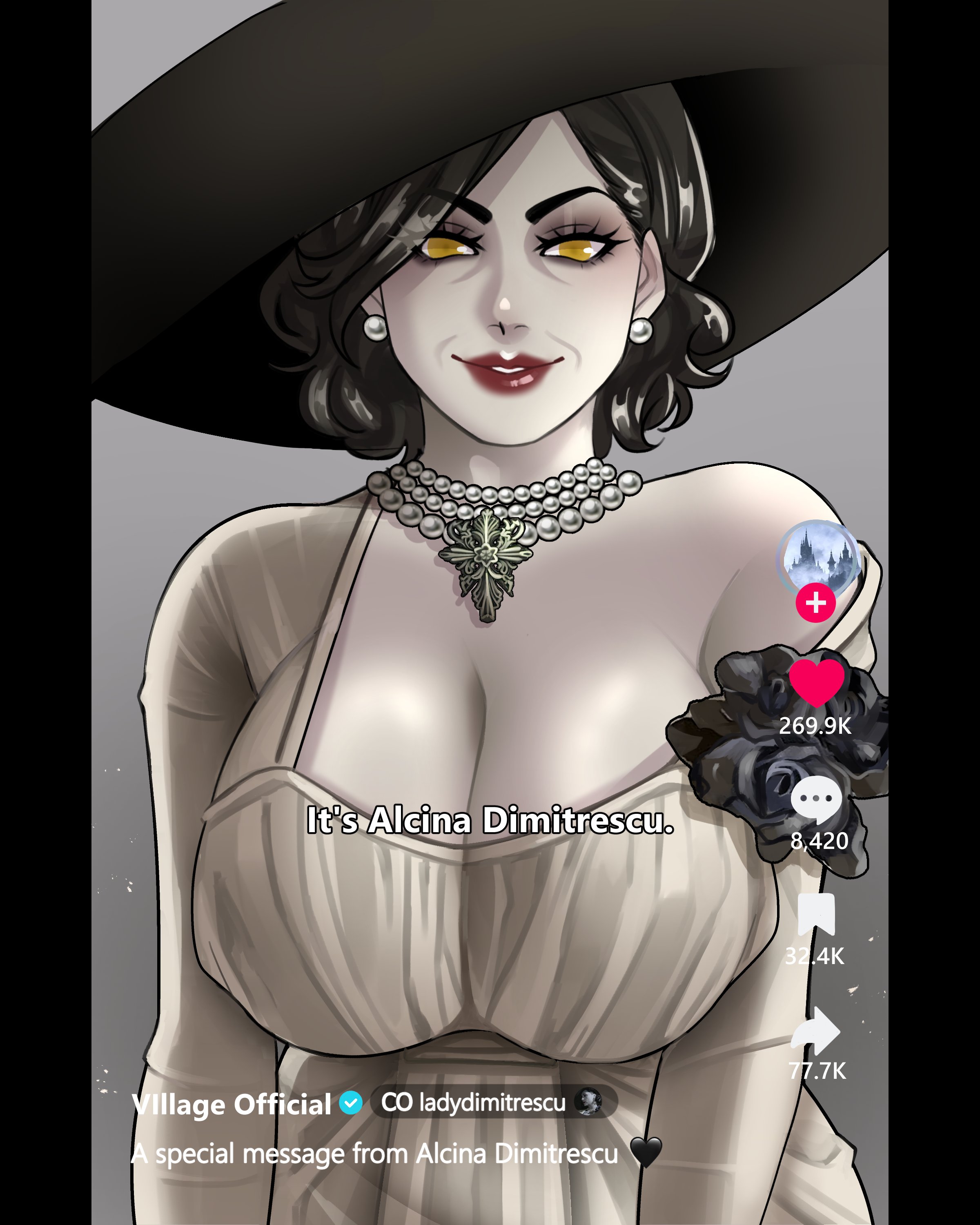 1girls, alcina dimitrescu, big breasts, black hair, breasts, camera view, capcom, cleavage, dangerousbride, dress, earrings, english text, female, female only, hat, looking at viewer, mature female, pale skin, pale-skinned female, pearl necklace, red lipstick, resident evil, resident evil 8: village, smiling, smiling at viewer, social media, solo, text, very high resolution, yellow eyes
