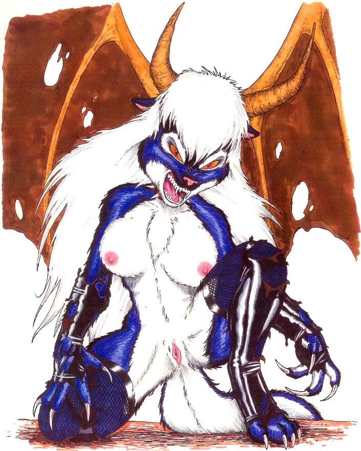 breasts demona_(joe_rosales) drawn female fishnet horns james_m_hardiman nude pussy pvc skunk skunkubus solo succubus wings