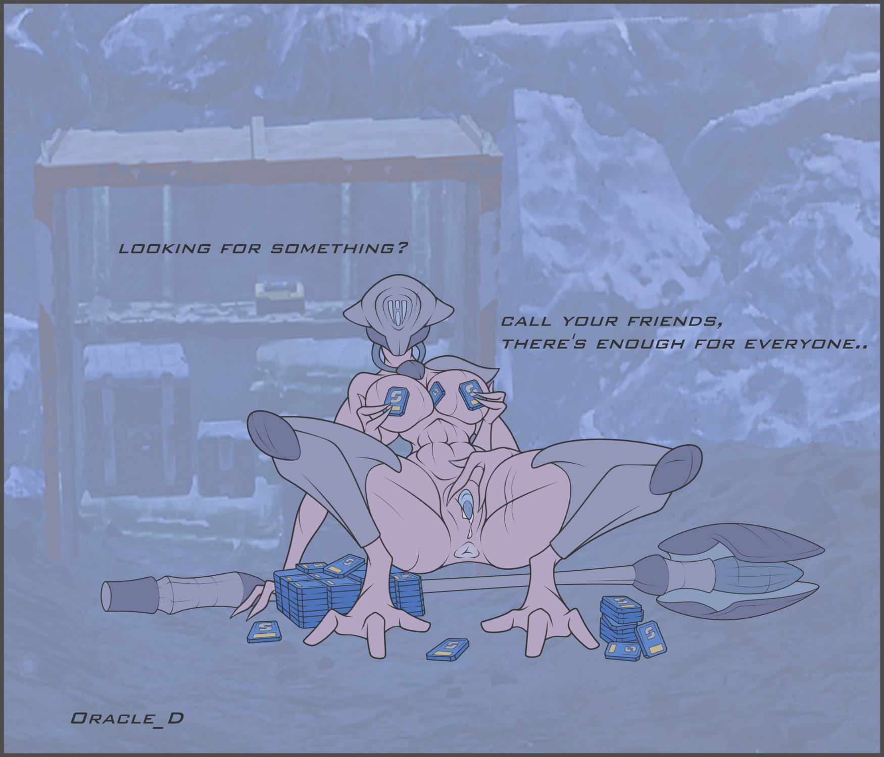 2d, 2d (artwork), 3 fingers, 4 arms, alien, alien girl, anus, armored female, dripping pussy, fan character, female, glowing genitalia, grey body, hairless pussy, helldivers, helldivers (series), helldivers 2, helmet, illuminate (helldivers), inviting, inviting to sex, looking at viewer, money, oracle dominus, partially nude, pussy, rich female, screenshot background, sitting, spread legs, spread pussy, squatting, text, undertagged, video games