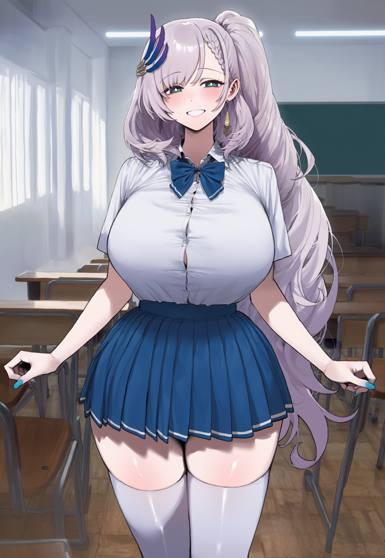1girls, ai generated, big breasts, breasts, classroom, female, green eyes, hololive, hololive indonesia, hololive indonesia holoro, huge breasts, large breasts, light-skinned female, long hair, pavolia reine, schoolgirl, thick thighs, thighs, truck kun, virtual youtuber, white hair, wide hips