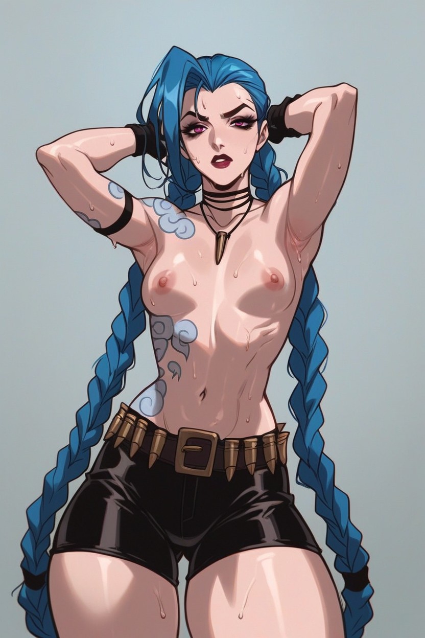 ai generated, armpits, blue hair, body tattoo, braided hair, breasts, faprunner78, female, female only, hands behind head, hips, jinx (league of legends), league of legends, lipstick, long hair, looking at viewer, natural breasts, necklace, nipples, pale skin, pale-skinned female, pink eyes, shorts, slim female, slim waist, small breasts, sweat, sweaty, sweaty body, thick thighs, thighs, tied hair, waist, wide hips