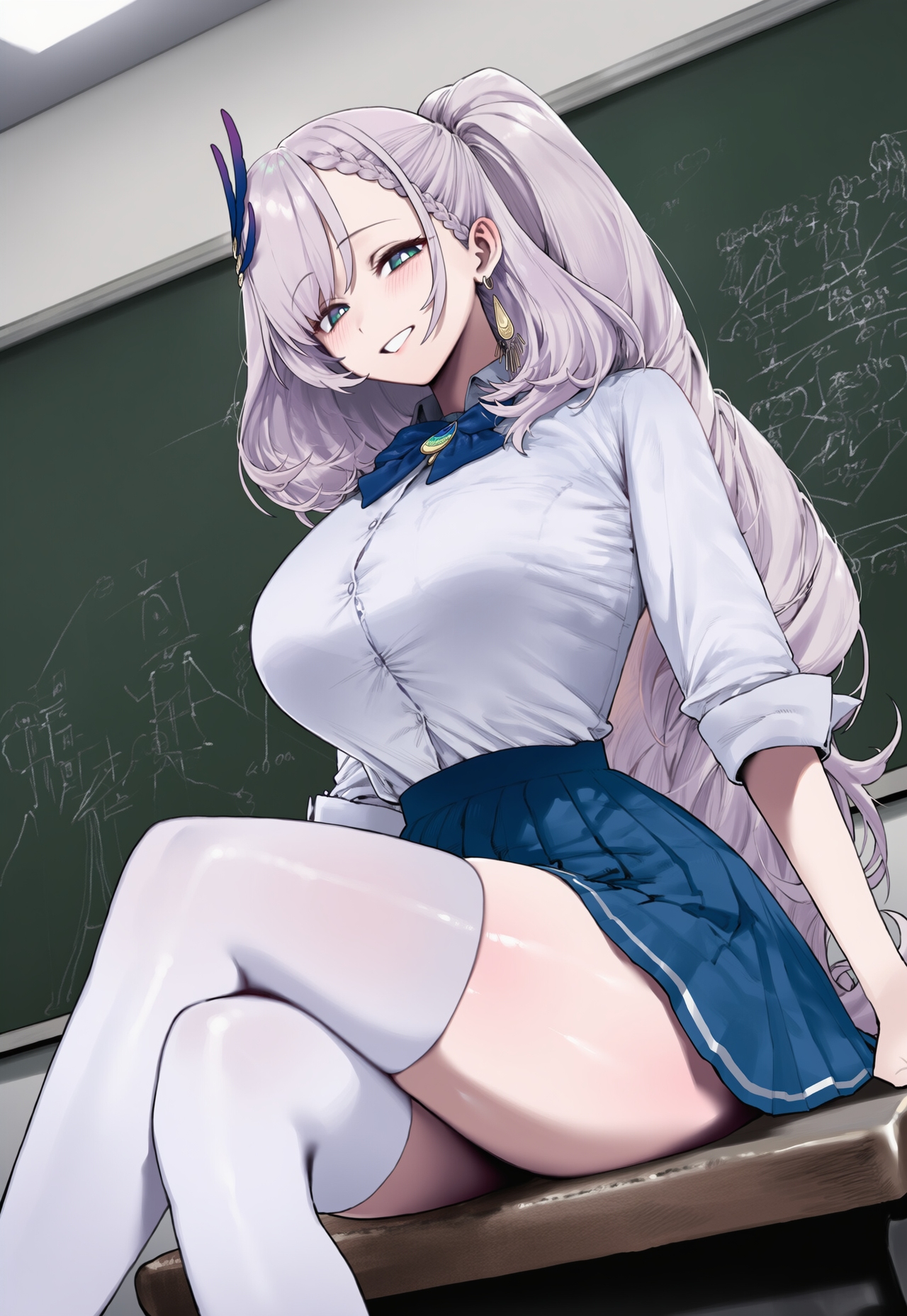 1girls, ai generated, big breasts, breasts, classroom, female, green eyes, hololive, hololive indonesia, hololive indonesia holoro, huge breasts, large breasts, light-skinned female, long hair, pavolia reine, schoolgirl, thick thighs, thighs, truck kun, virtual youtuber, white hair, wide hips