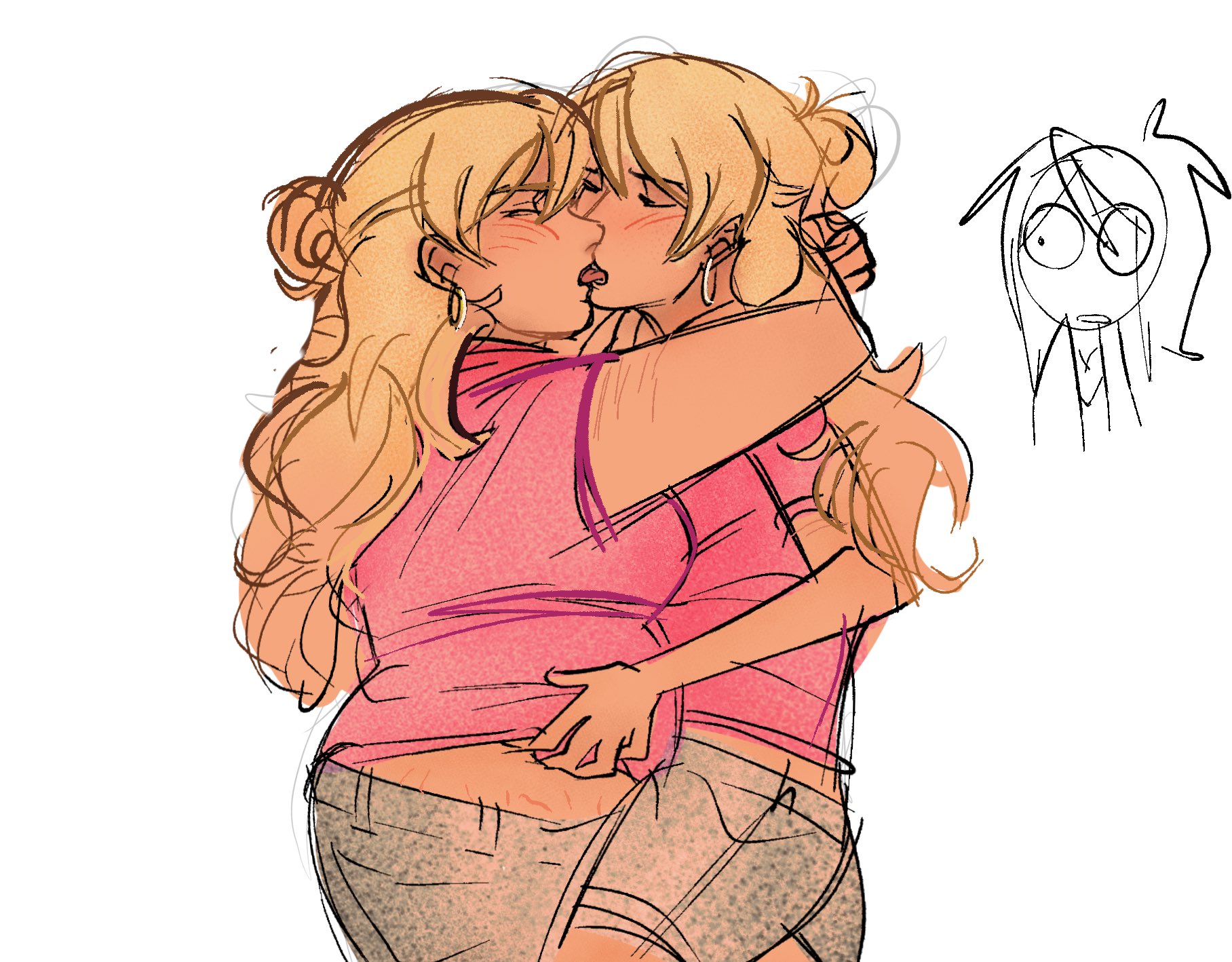 blonde, blonde female, blonde hair, chubby, class of '09, ear piercing, earrings, fat, fat female, female, female only, fully clothed, jecka (class of '09), kissing, multiple girls, nicole (class of '09), pink shirt, selfcest, size difference, suprised look, white background, wrapped arms, yuri