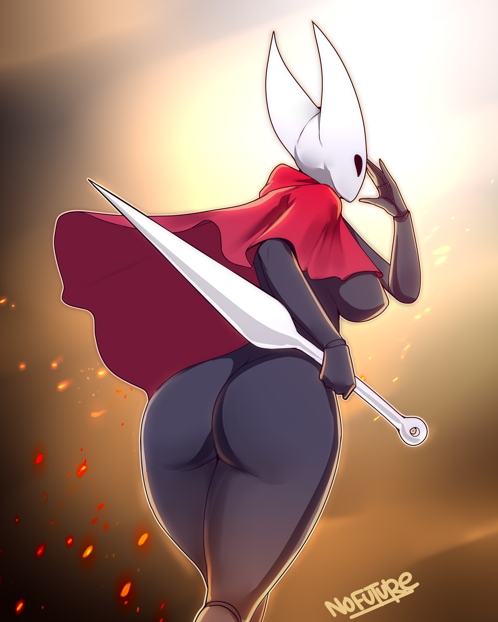 1girls, anthro, arthropod, ass, back, back view, backboob, big ass, big breasts, black body, black eyes, black skin, breasts, cloak, cloak only, female, female only, hi res, holding object, holding weapon, hollow knight, hornet (hollow knight), looking back, nofuture, red cloak, solo, solo female, thick thighs, thighs, weapon