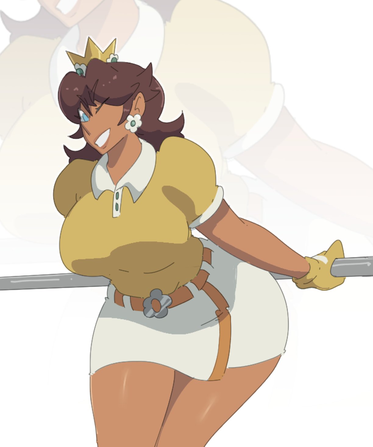 1girls, alternate costume, blue eyes, breasts, brown hair, earrings, female, female only, flower earrings, golf outfit, large breasts, leedraw11, looking at viewer, mario (series), mario golf, nintendo, official alternate costume, one eye closed, princess daisy, princess daisy (super rush), shiny skin, short sleeves, simple background, skirt, solo, solo female, solo focus, thighs, white background, white skirt, wink, winking at viewer
