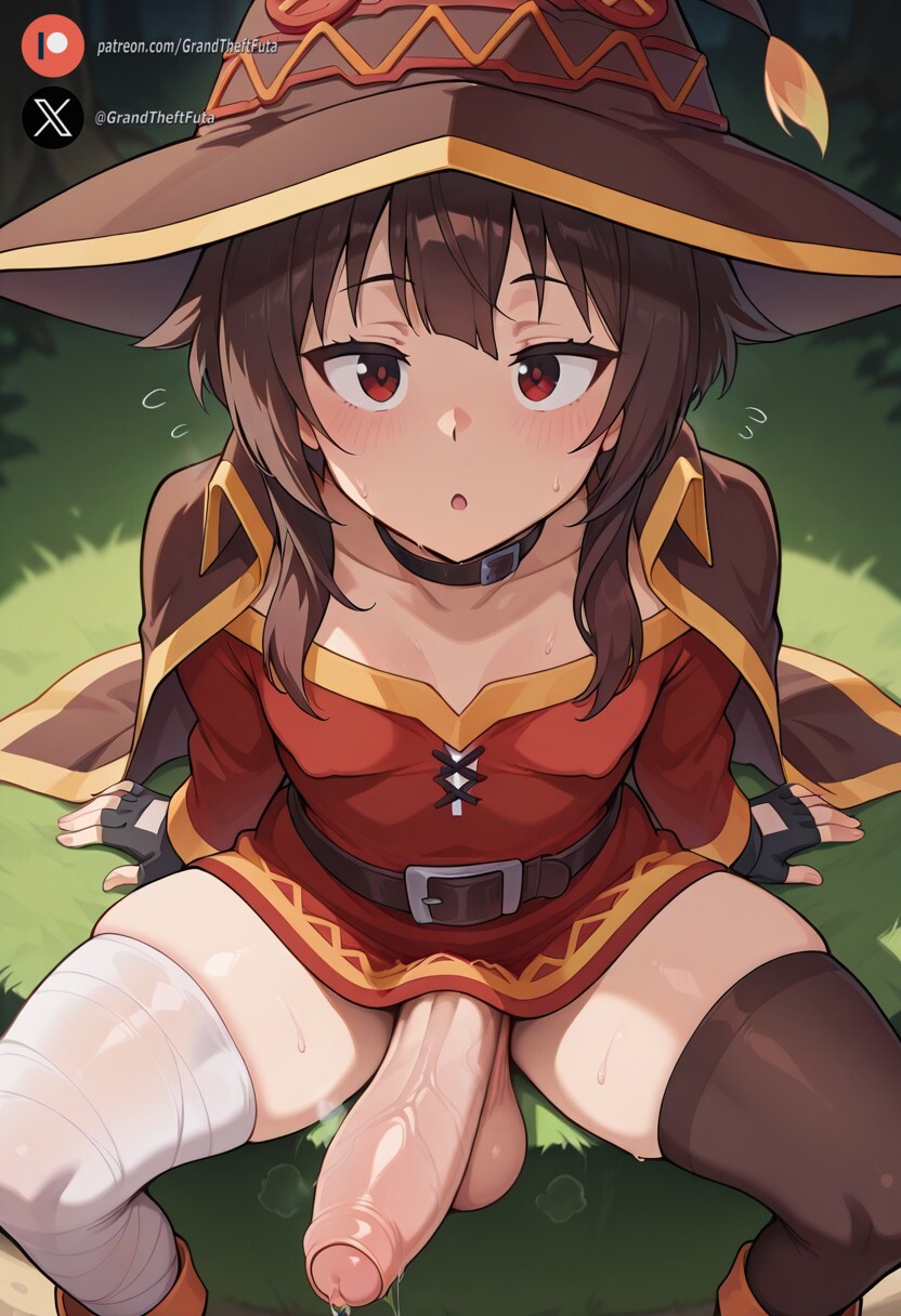 1futa, ai generated, balls, big penis, black hair, blush, breasts, clothing, cock, dickgirl, futa only, futanari, high-angle view, huge cock, intersex, kono subarashii sekai ni shukufuku wo!, konosuba, light skin, light-skinned futa, looking at viewer, megumin, outdoors, penis, precum, red eyes, roxygtf, short hair, sitting, small breasts, smug, solo, sweat, sweating, sweaty body