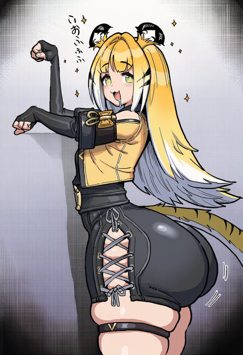 ai generated, big ass, blush, female, ju fufu, ju fufu (zenless zone zero), kimoigaijin, motion lines, salivating, squishy thighs, thick thighs, thighs, zenless zone zero