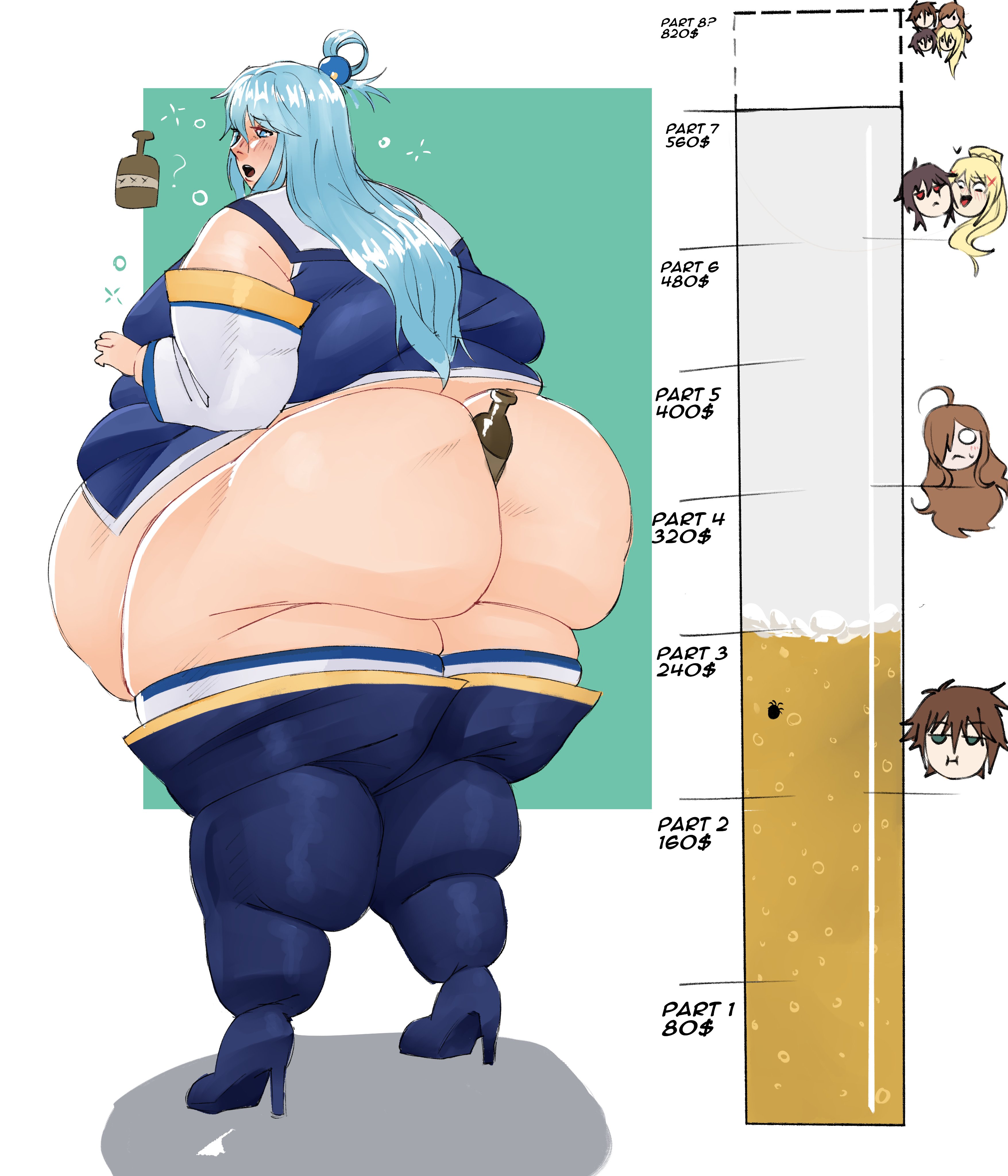 1girls, aqua (konosuba), ass, ass focus, bbw, beer, beer bottle, blue hair, fat, fat ass, fat female, fat fetish, female, gigantic belly, goddess, huge ass, kono subarashii sekai ni shukufuku wo!, object in ass, overweight, overweight female, pivk00, weight gain, weight gain drive, weight gain sequence