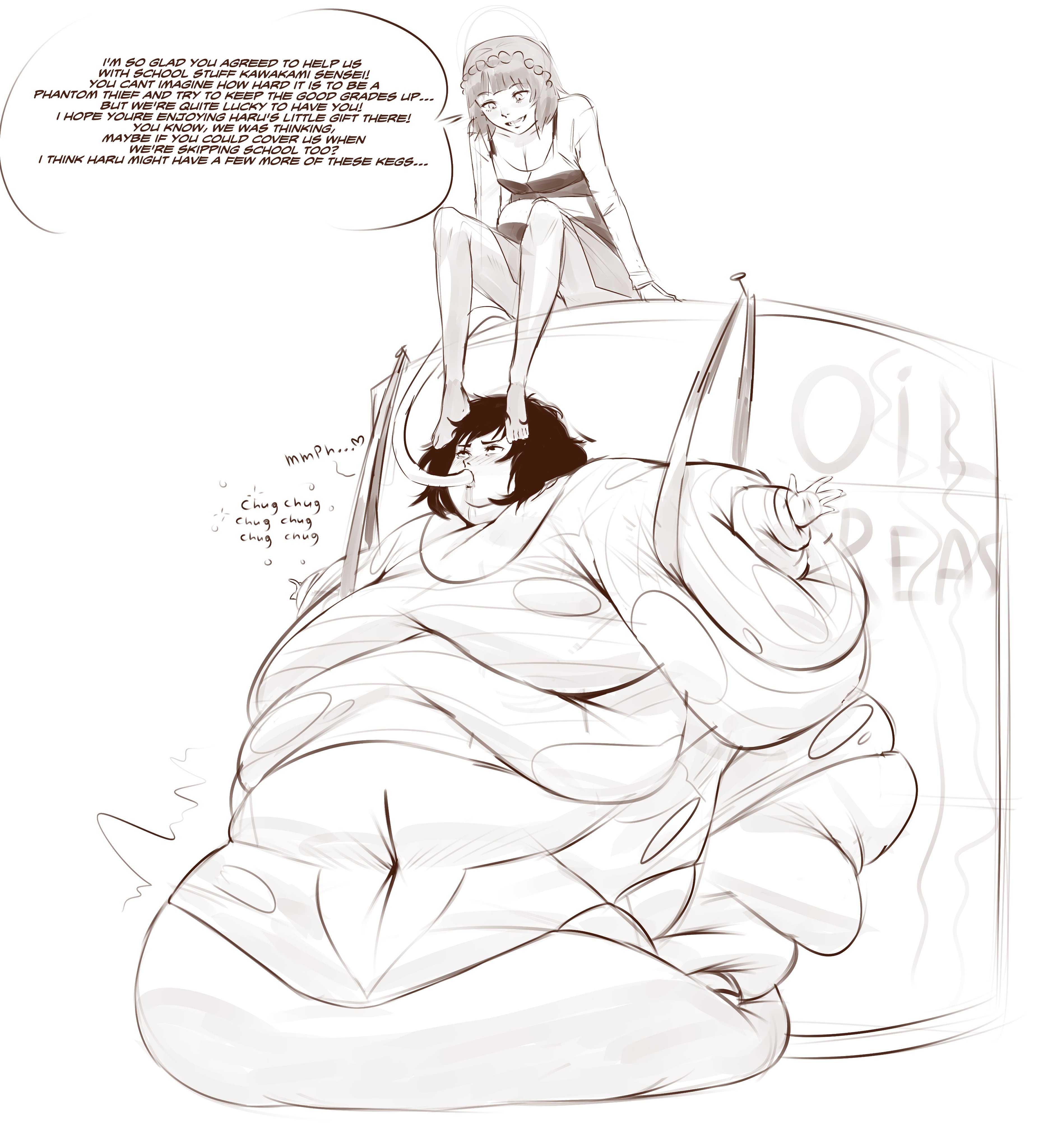 2girls, fat, fat female, fat fetish, feederism, feeding tube, female, female only, force feeding, makoto niijima, morbidly obese, morbidly obese female, multiple females, multiple girls, obese, obese female, oil, overweight, overweight female, persona, persona 5, pivk00, sadayo kawakami, ssbbw, tank, tube feeding, weight gain