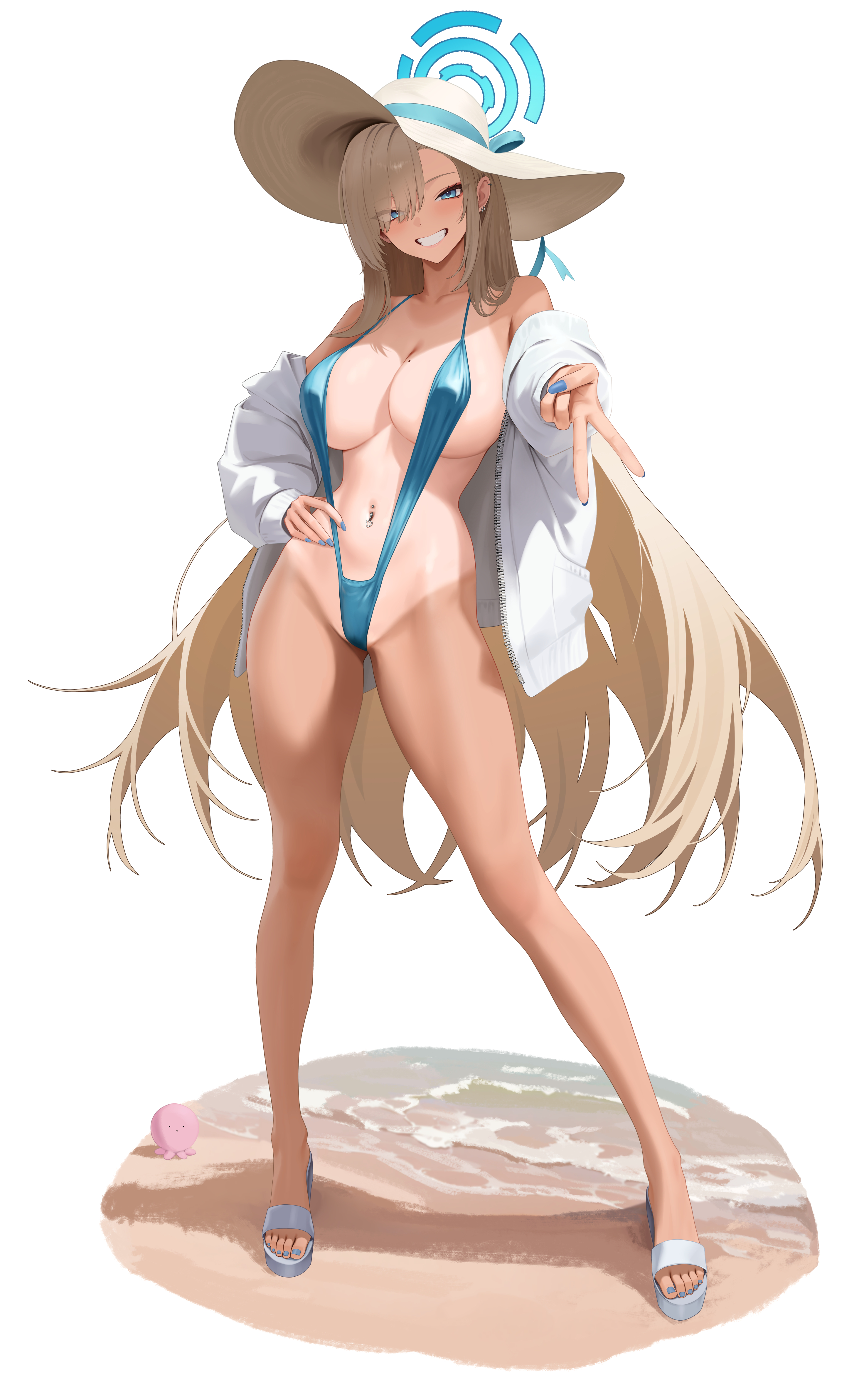 artist request, asuna (blue archive), beach, blue archive, female, female only, halo, sling bikini, sun hat, swimsuit