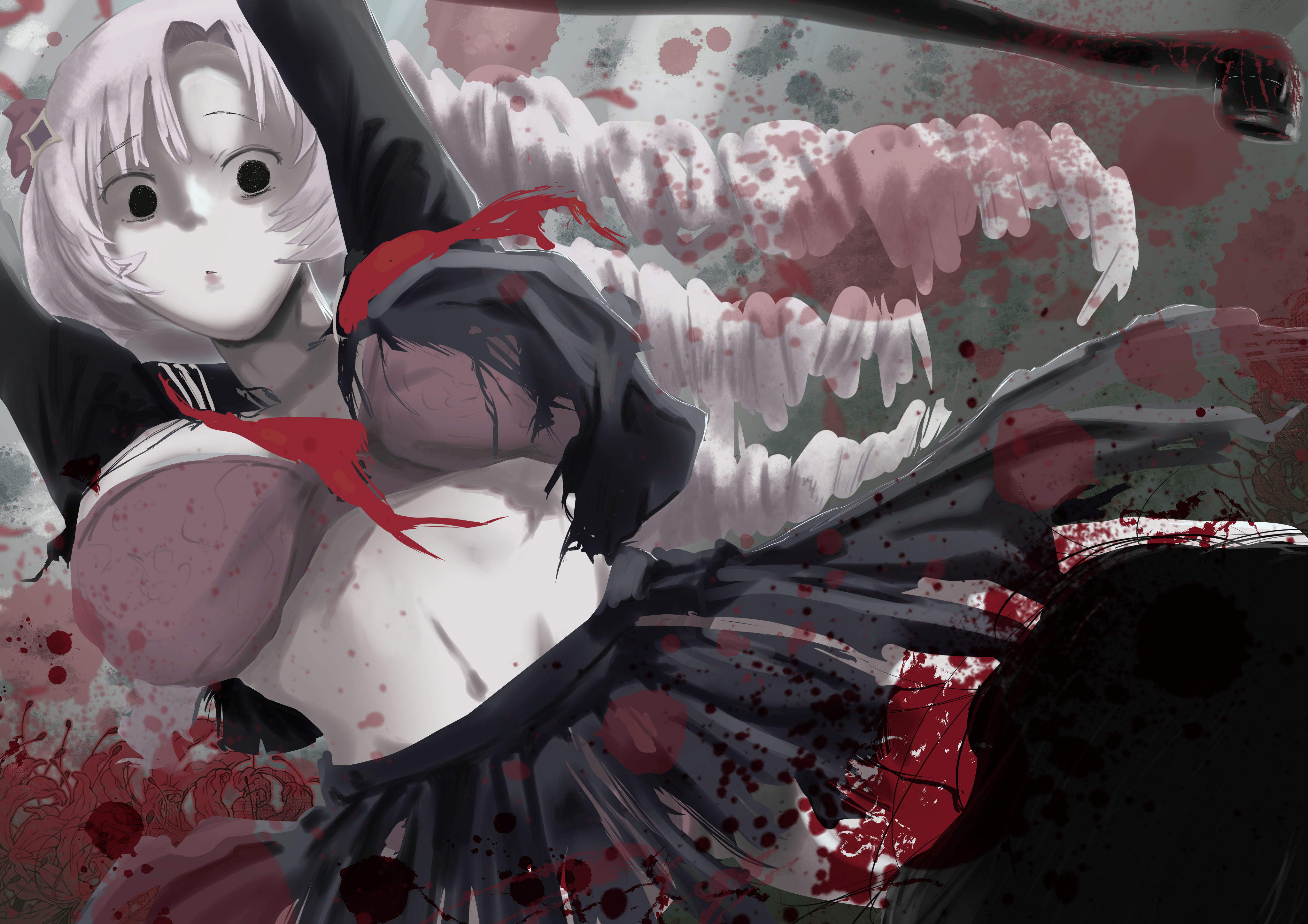 artist name, artist request, blood splatter, blood stain, bra, breasts, breasts out, cosplay, costume, female, hinako shimizu (cosplay), hyakumantenbara salome, killing, large breasts, long hair, nijisanji, pink bra, purple hair, sailor collar, sailor uniform, school uniform, schoolgirl, schoolgirl uniform, silent hill, silent hill f, virtual youtuber, vtuber