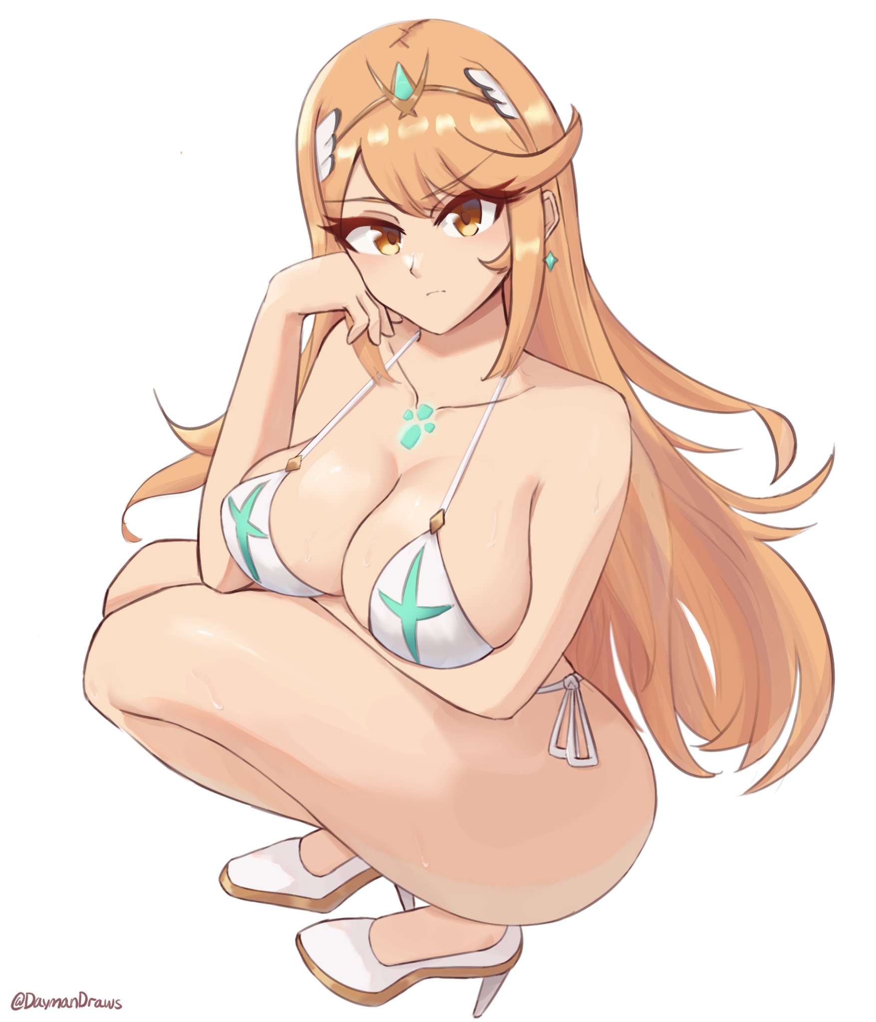 1girls, bikini, blonde hair, breasts, cleavage, daymandraws, female, female only, gold eyes, high heels, huge breasts, looking at viewer, mythra, mythra (xenoblade), squatting, voluptuous, xenoblade (series), xenoblade chronicles 2