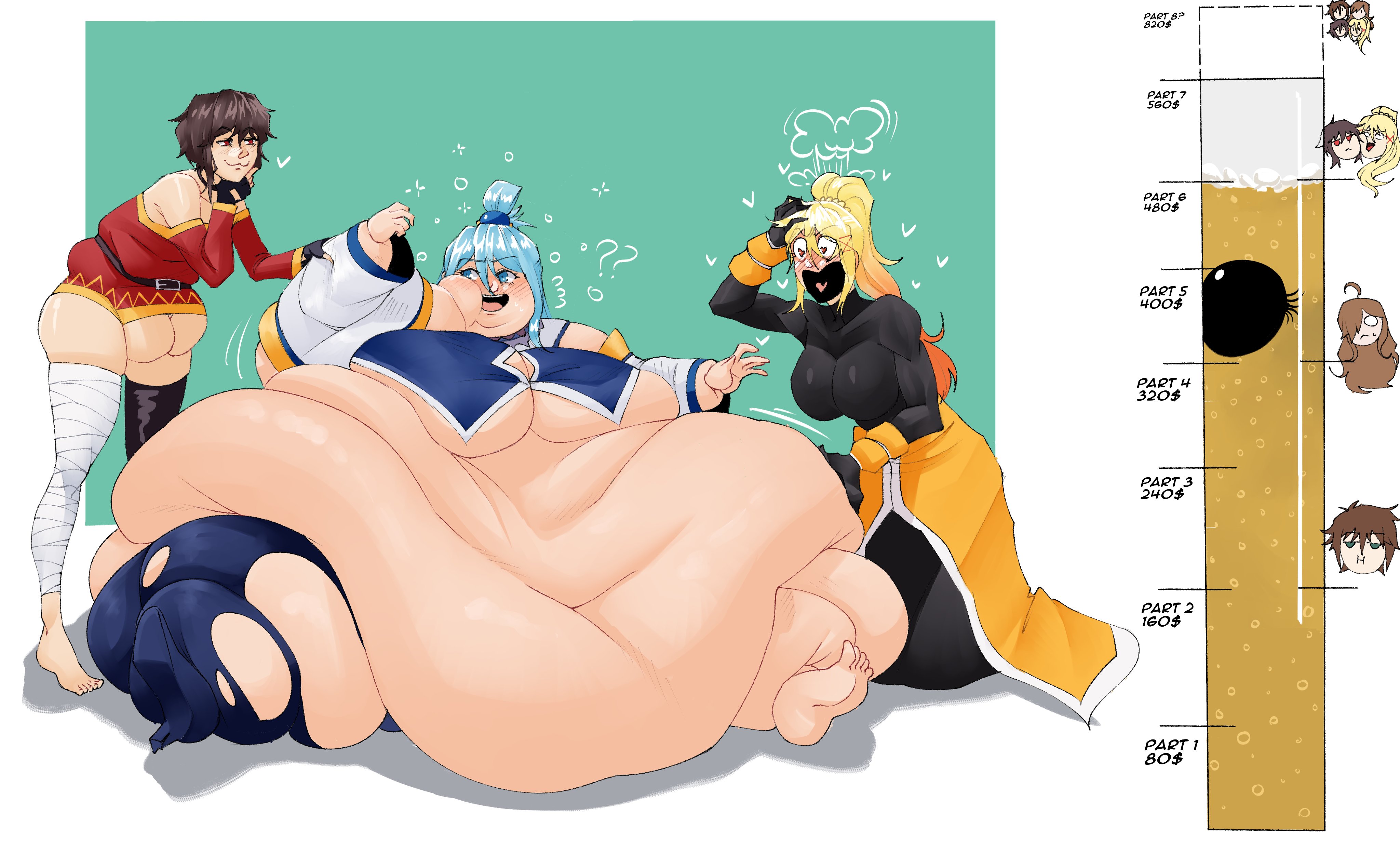 3girls, aqua (konosuba), beer, beer bottle, belly, blue hair, darkness (konosuba), fat, fat female, fat fetish, female, female only, gigantic belly, goddess, kono subarashii sekai ni shukufuku wo!, massive belly, megumin, morbidly obese, multiple females, multiple girls, obese, obese female, overweight female, pivk00, ssbbw, weight gain, weight gain drive, weight gain sequence