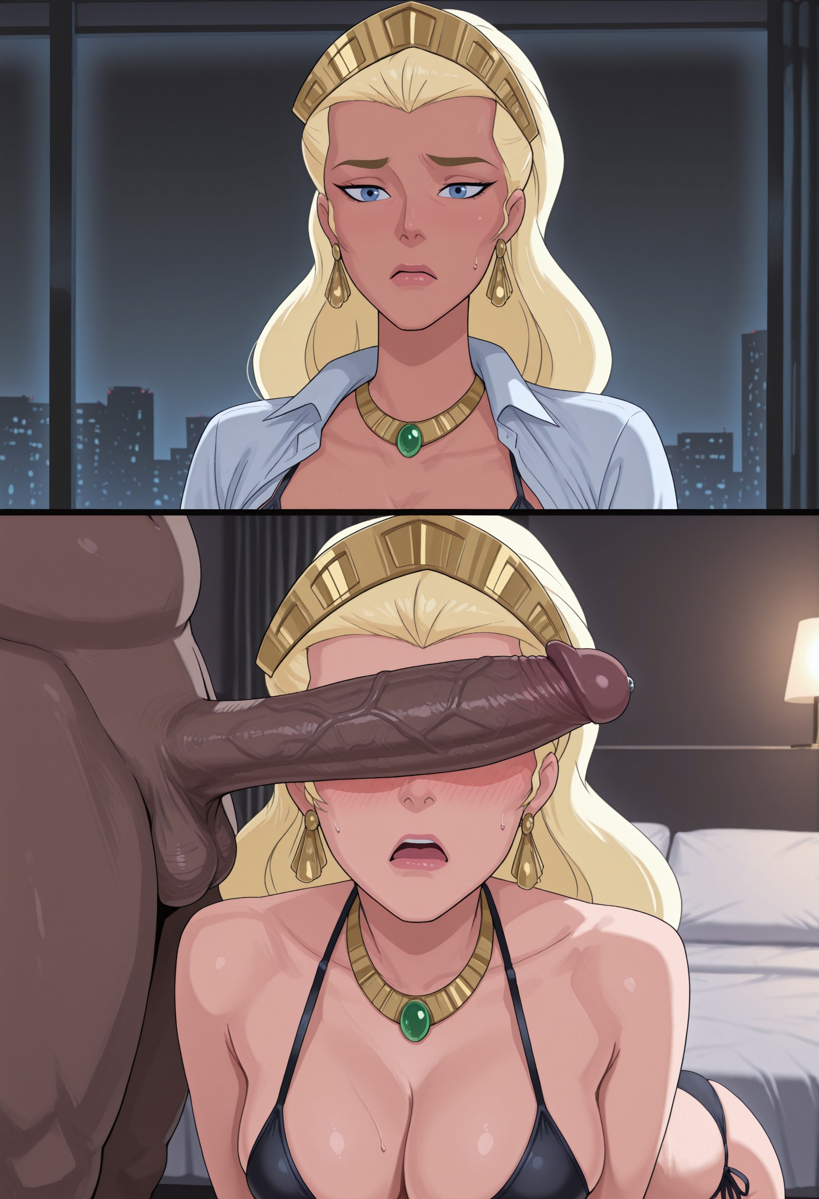 1boy, 1girls, ai generated, amazon, amazonian, ass, ass focus, balls, big ass, big balls, big breasts, big butt, big cheeks, big penis, bikini, black bikini, blonde hair, blue eyes, blush, bracelet, bracelets, breasts, bubble ass, bubble butt, button-down shirt, civitai, cock worship, crown, dark skin, dark-skinned male, dc, dc comics, dcau, dubious consent, earring, earrings, fat ass, fat butt, fat male, female, goddess, hippolyta, hotel, hotel room, instant loss 2koma, interracial, justice league, justice league unlimited, light-skinned female, long hair, male, matingpresslover, milf, muscular, muscular female, open mouth, open shirt, penis, penis on face, queen, queen hippolyta, royalty, submissive, submissive male, thick, thick ass, thick legs, thick thighs, tiara, ugly bastard, ugly man, wide hips, wonder woman (series)
