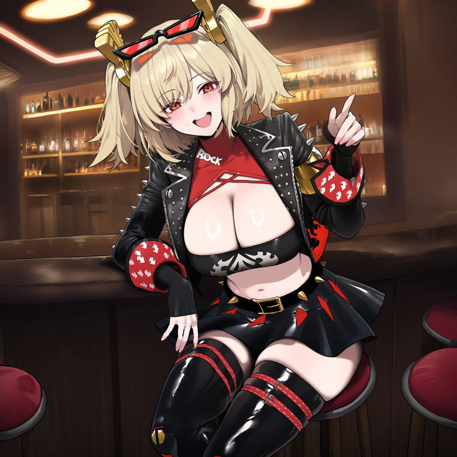 1girls, ai generated, big breasts, blonde hair, breasts, burnice white, female, huge breasts, large breasts, light-skinned female, navel, red eyes, skirt, thick thighs, thighs, truck kun, twintails, zenless zone zero