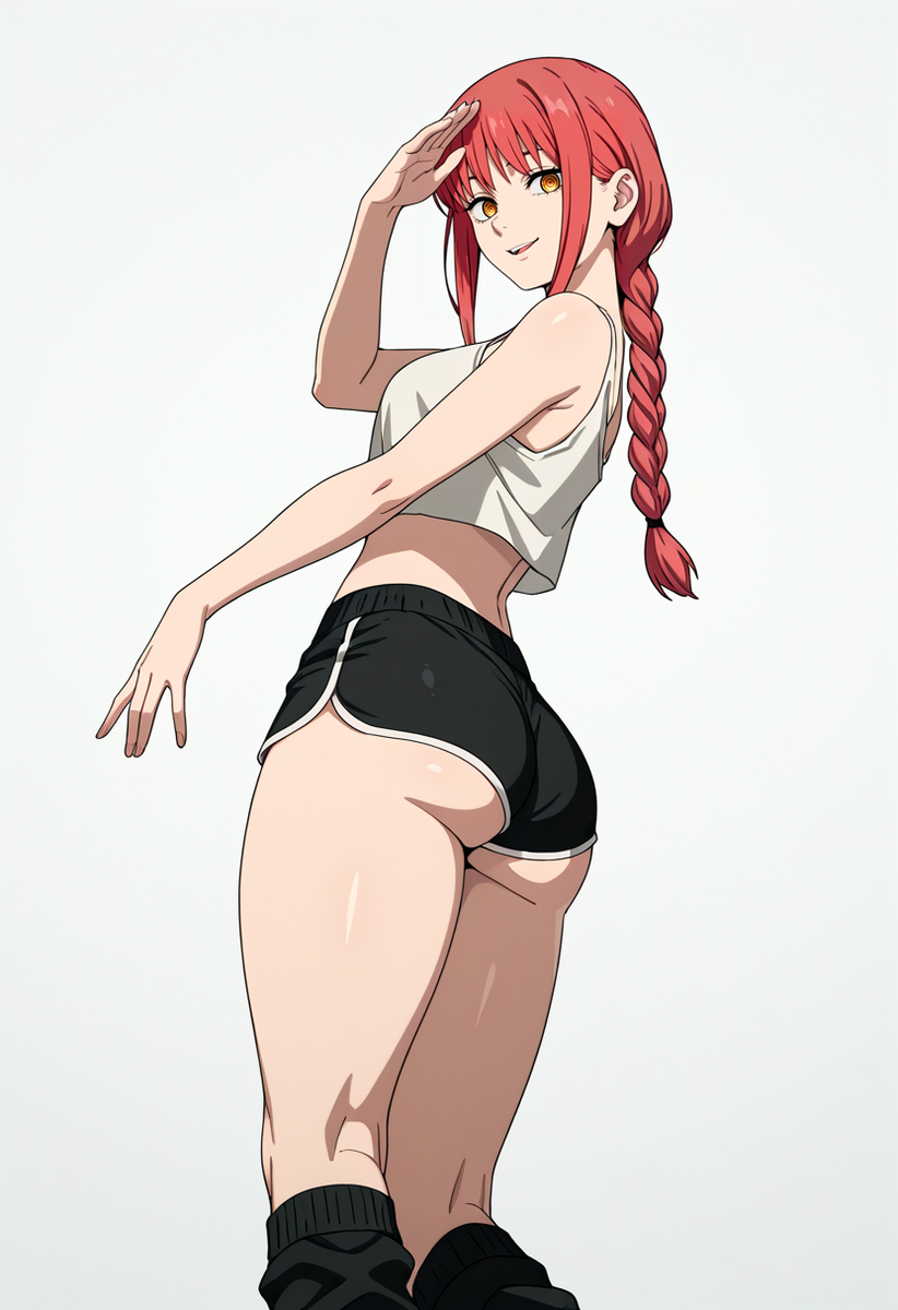 1girls, ai generated, booty shorts, chainsaw man, kreivan, legwarmers, makima (chainsaw man), plain background, red hair, solo