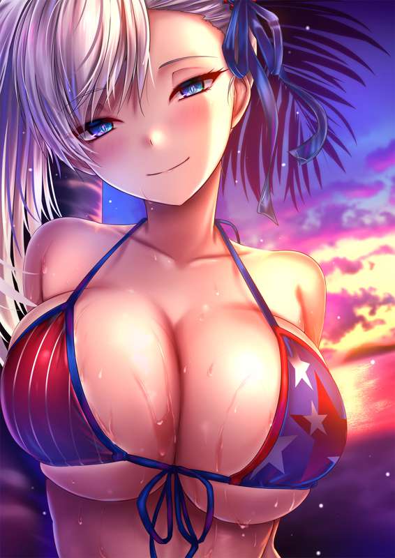 akeyama kitsune, american flag bikini, asymmetrical hair, bare shoulders, bikini, blue eyes, blush, breasts, bun cover, cg, cleavage, closed mouth, cloud, collarbone, fate (series), fate/grand order, female, flag print, front-tie bikini top, front-tie top, hair bun, hair ribbon, large breasts, long hair, looking at viewer, miyamoto musashi (fate), miyamoto musashi (swimsuit berserker), ocean, outdoors, pink hair, single hair bun, single side bun, single sidelock, sky, smile, solo, sunset, swept bangs, swimsuit, tree, upper body, wet