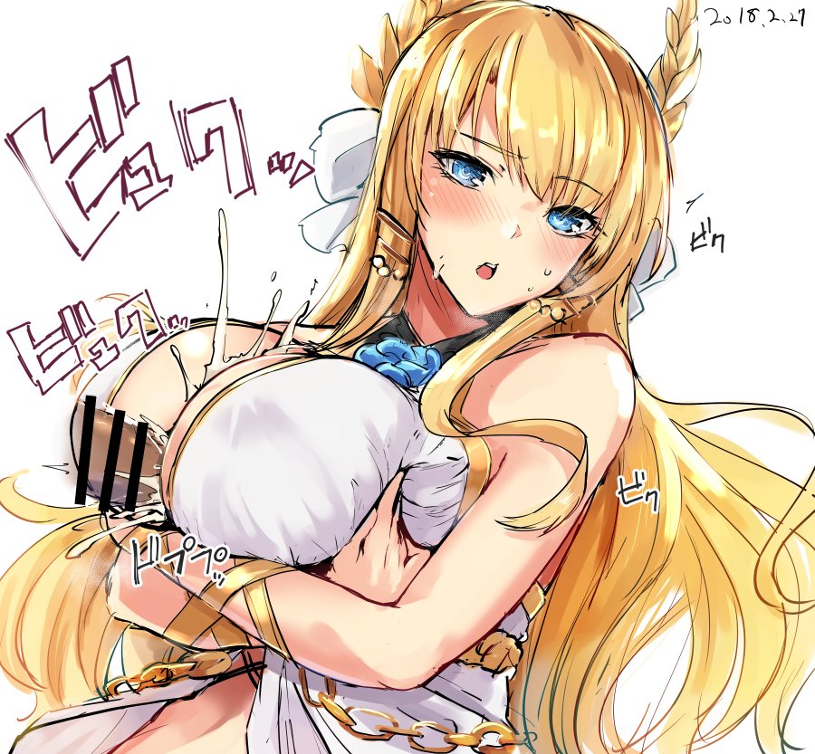 1boy 1girls azur_lane bangs bar_censor blonde_hair blue_eyes blush breast_squeeze breasts censored chains commentary_request crossed_arms cum cum_on_body cum_on_breasts cum_on_upper_body dark-skinned_male dark_skin dated ejaculation_between_breasts eyebrows_visible_through_hair eyelashes female floating_hair flower_ornament hair_ornament kurokawa_otogi large_breasts laurel_crown light-skinned_female light_skin long_hair looking_at_viewer open_mouth out_of_frame paizuri penis ribbon royal_navy_(azur_lane) upper_body veil very_long_hair victorious_(azur_lane) wrist_ribbon