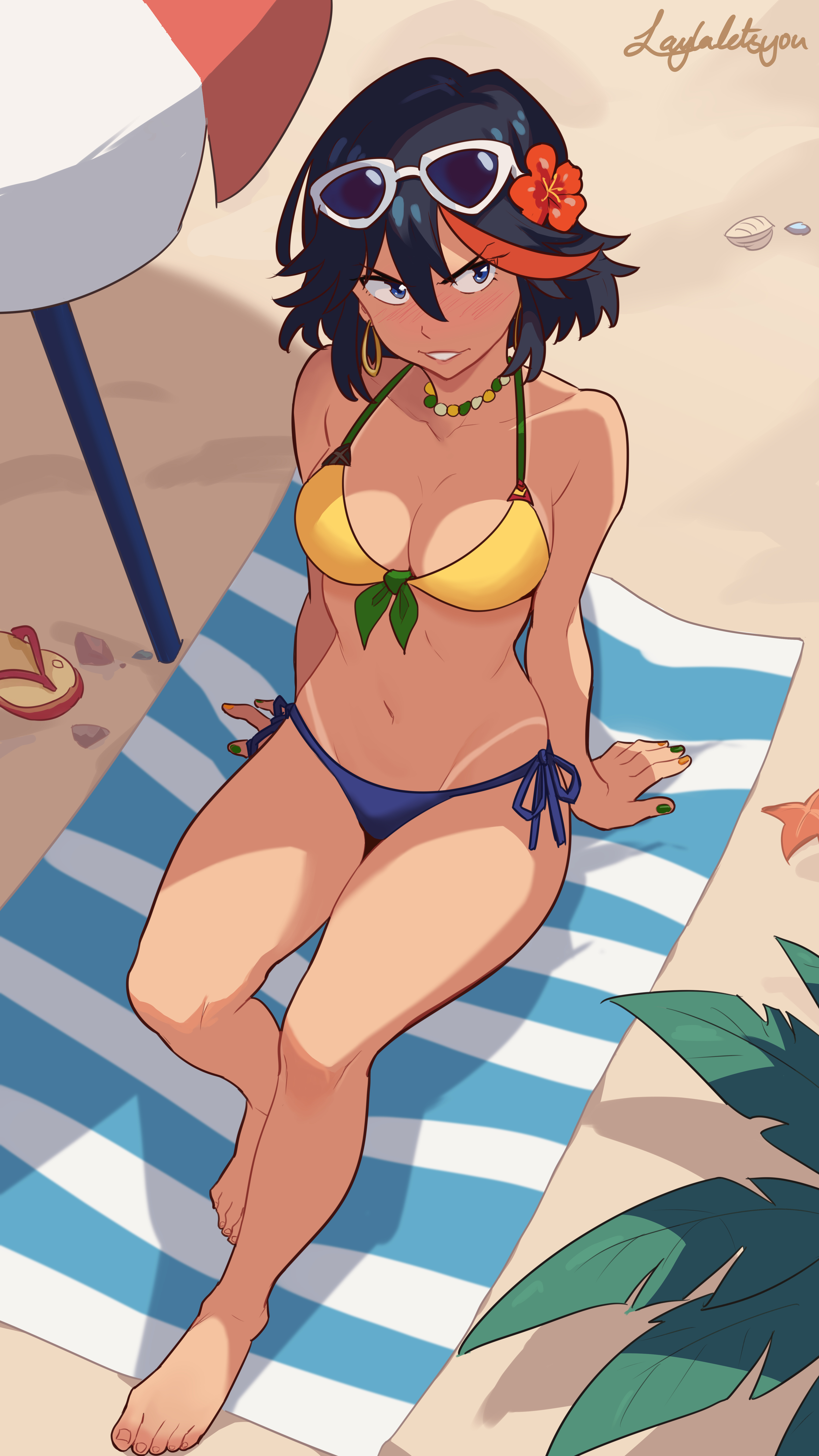 1girls, background, beach, beach towel, beach umbrella, bead necklace, big earrings, bikini, bikini bottom, bikini top, black hair, black-haired female, blue bikini bottom, blue eyes, blush, breasts, cleavage, dark hair, earrings, eye visible through hair, feet, female, flower, flower in hair, green nails, hands behind back, kill la kill, laylaletsyou, leaves, matoi ryuuko, necklace, red strand of hair, sand, senketsu, short hair, sitting, slippers, smirk, striped towel, sunglasses, sunglasses on head, tan body, tan skin, tanline, yellow bikini top, yellow nails