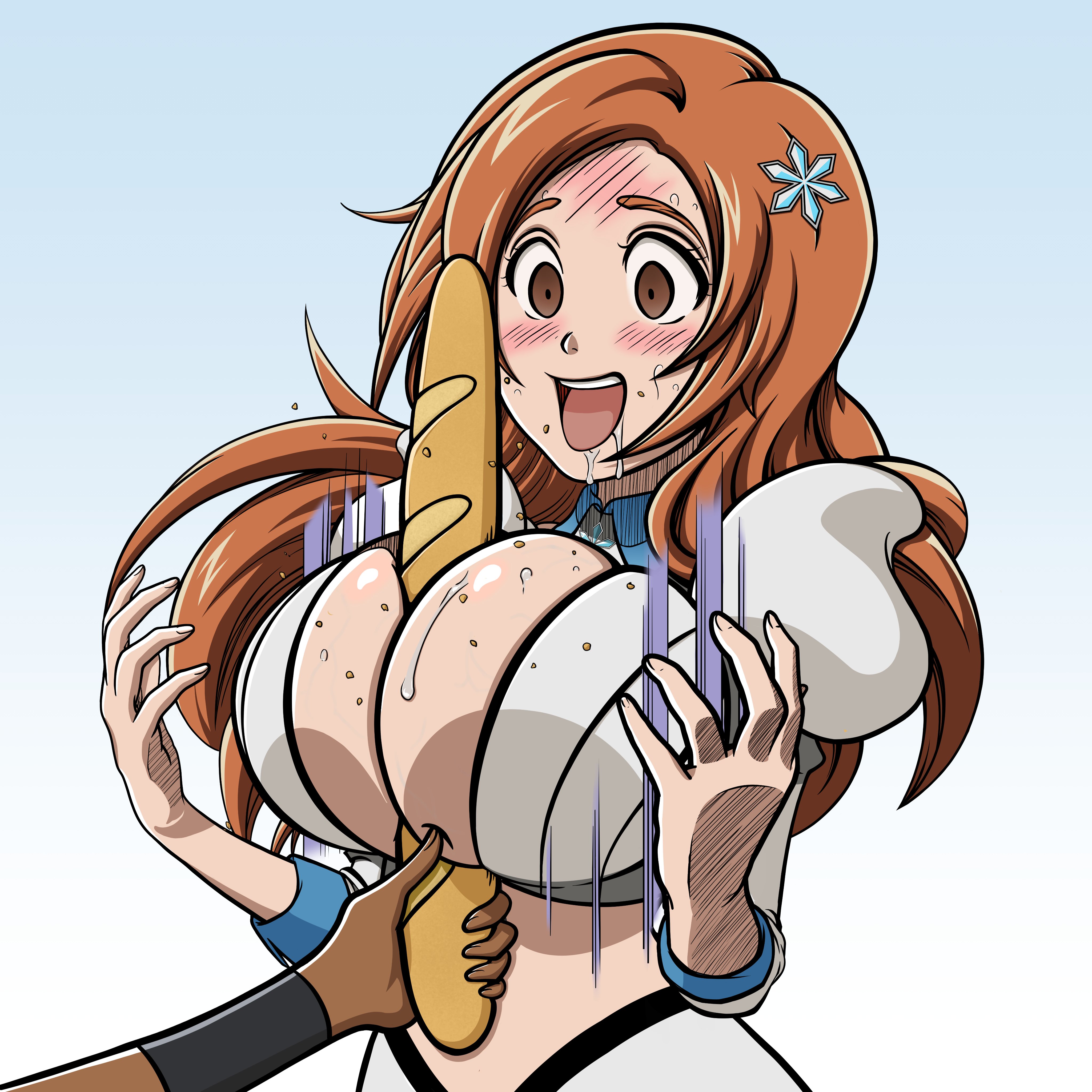 1:1, 2girls, baguette, between breasts, big breasts, bleach, bleach: sennen kessen-hen, breasts, cleavage, cleavage cutout, clothing cutout, dark skin, dark-skinned female, detached sleeves, female, female only, food, hair ornament, hazvalt, huge breasts, inoue orihime, large breasts, long hair, midriff, multiple females, multiple girls, orange hair, orange-haired female, puffy sleeves, sexually suggestive, shihouin yoruichi, simple background, surprised