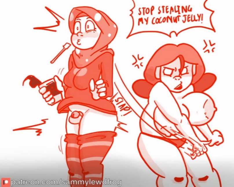 2girls, anger vein, angry, balls, breasts, chastity, chastity cage, chastity device, chubby female, cock cage, comedy, controller, english text, female, futanari, hijab, intersex, large breasts, monochrome, patreon username, penis, red theme, sammylewdfrog, spanking, speech bubble, spoken anger vein, striped legwear, tagme (artist), testicles, thighhighs, trans woman, transfem, transgender, underwear only, voluptuous