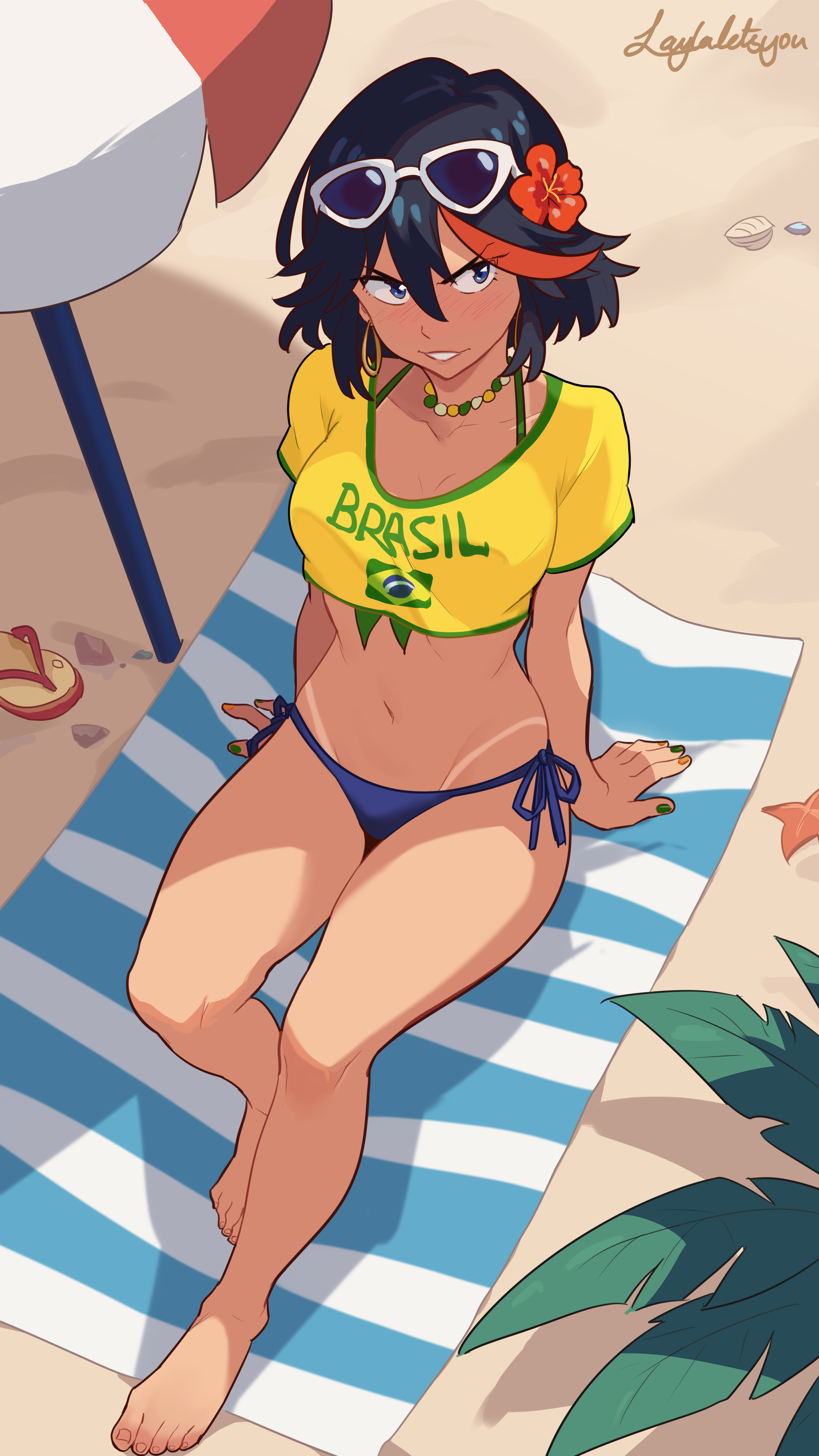 1girls, background, barefoot, beach, beach towel, beach umbrella, bead necklace, big earrings, bikini, bikini bottom, bikini top, black hair, black-haired female, blue bikini bottom, blue eyes, blush, bob cut, brasil, brasil shirt, brazil, brazilian miku (cosplay), breasts, cleavage, cute, dark hair, earrings, eye visible through hair, feet, female, flower, flower in hair, full body, green nails, hair flower, hands behind back, kill la kill, laylaletsyou, leaves, matoi ryuuko, necklace, red strand of hair, sand, senketsu, shirt, short hair, side tie bikini bottom, sitting, slippers, smile, smirk, striped towel, sunglasses, sunglasses on head, tan body, tan skin, tanline, tomboy, variant, yellow bikini top, yellow nails