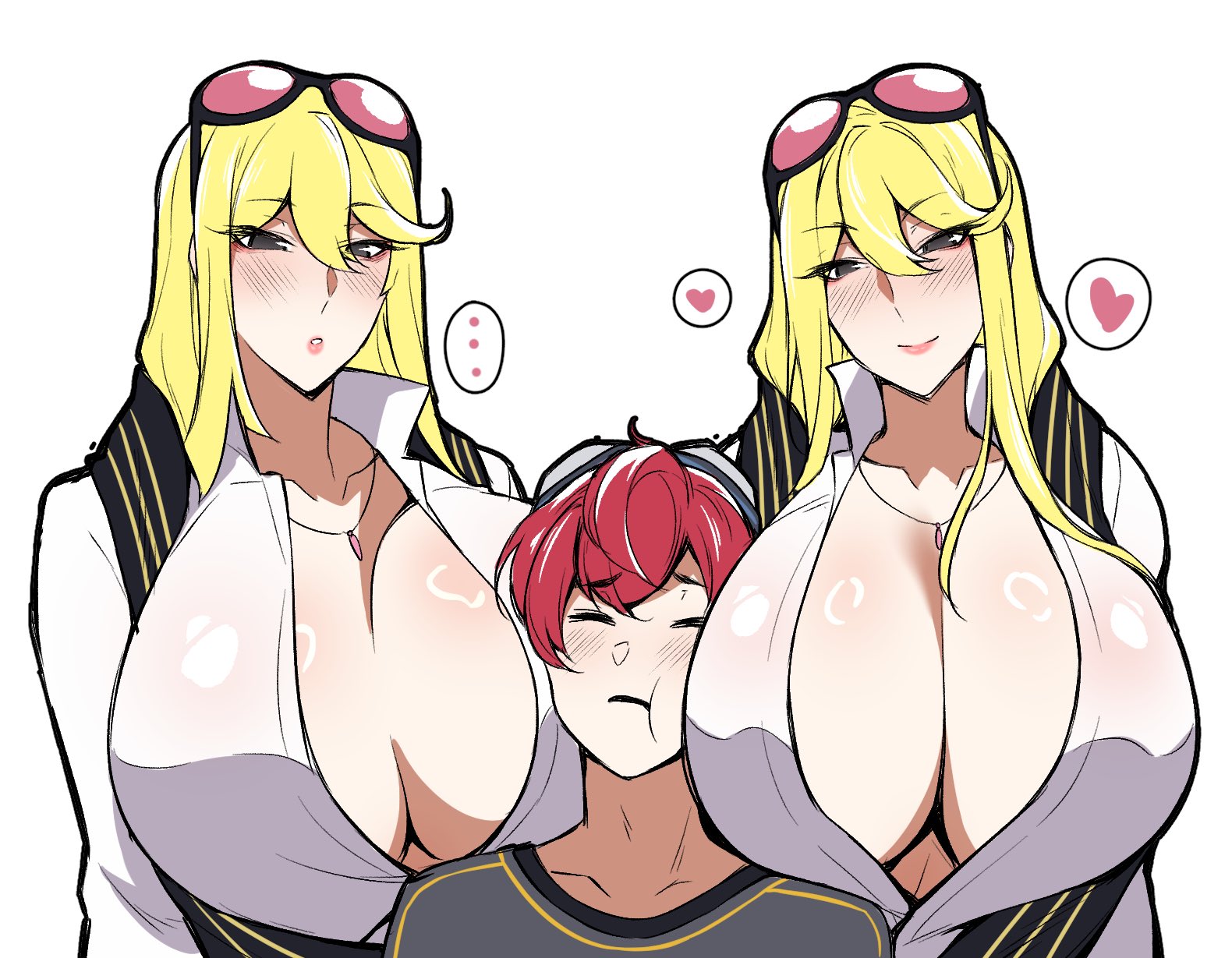 ..., 1boy, 2girls, alphamon, alternate breast size, bandai namco, big breasts, blonde hair, blonde-haired female, blush, breasts, cero rains, clone, closed eyes, digimon, digimon story, digimon story: cyber sleuth, double breast smother, female, head between breasts, heart, height difference, hi res, huge breasts, inner sideboob, kyouko kuremi, long hair, looking at viewer, male, multiple females, multiple girls, red hair, red-haired male, smiling, smiling at viewer, spoken heart, sunglasses, sunglasses on head, takumi aiba, white background