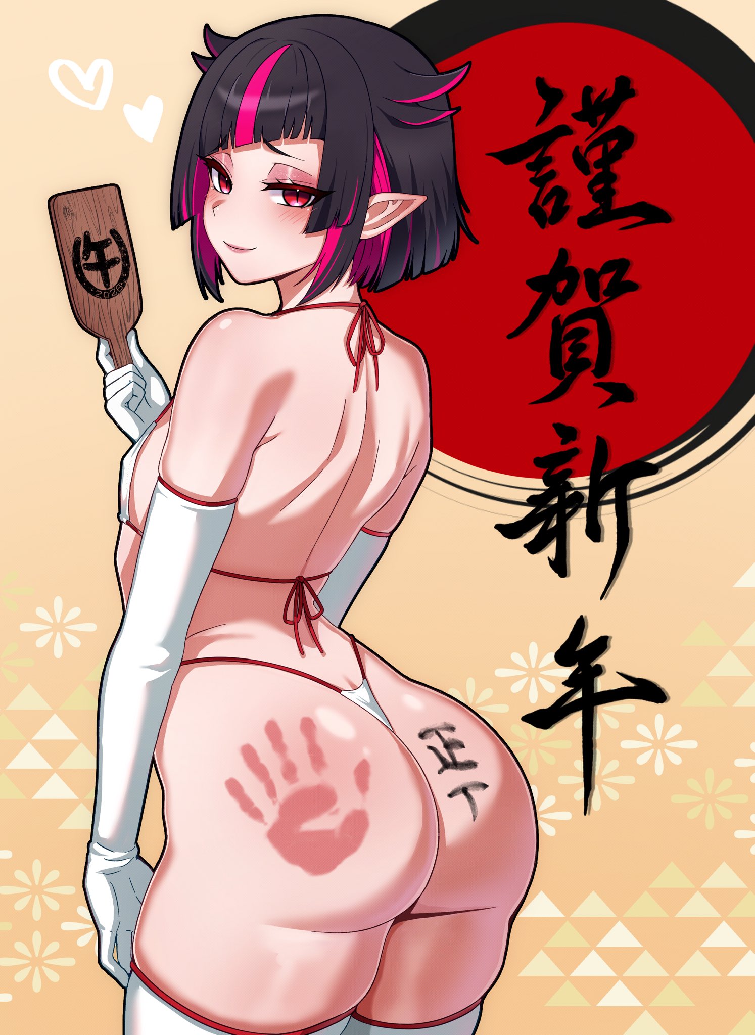 1boy, ass, bare shoulders, bikini, black hair, blush, body writing, bulge, crossdressing, dat ass, elbow gloves, femboy, flat chest, flat chested, footwear, gloves, heart, holding object, japanese text, lilia vanrouge, looking at viewer, looking back, male, male only, multicolored hair, new, pink eyes, pink hair, pointy ears, shadow, short hair, solo, spank marks, standing, swimsuit, text, thong, translation request, twisted wonderland, zanegoodell