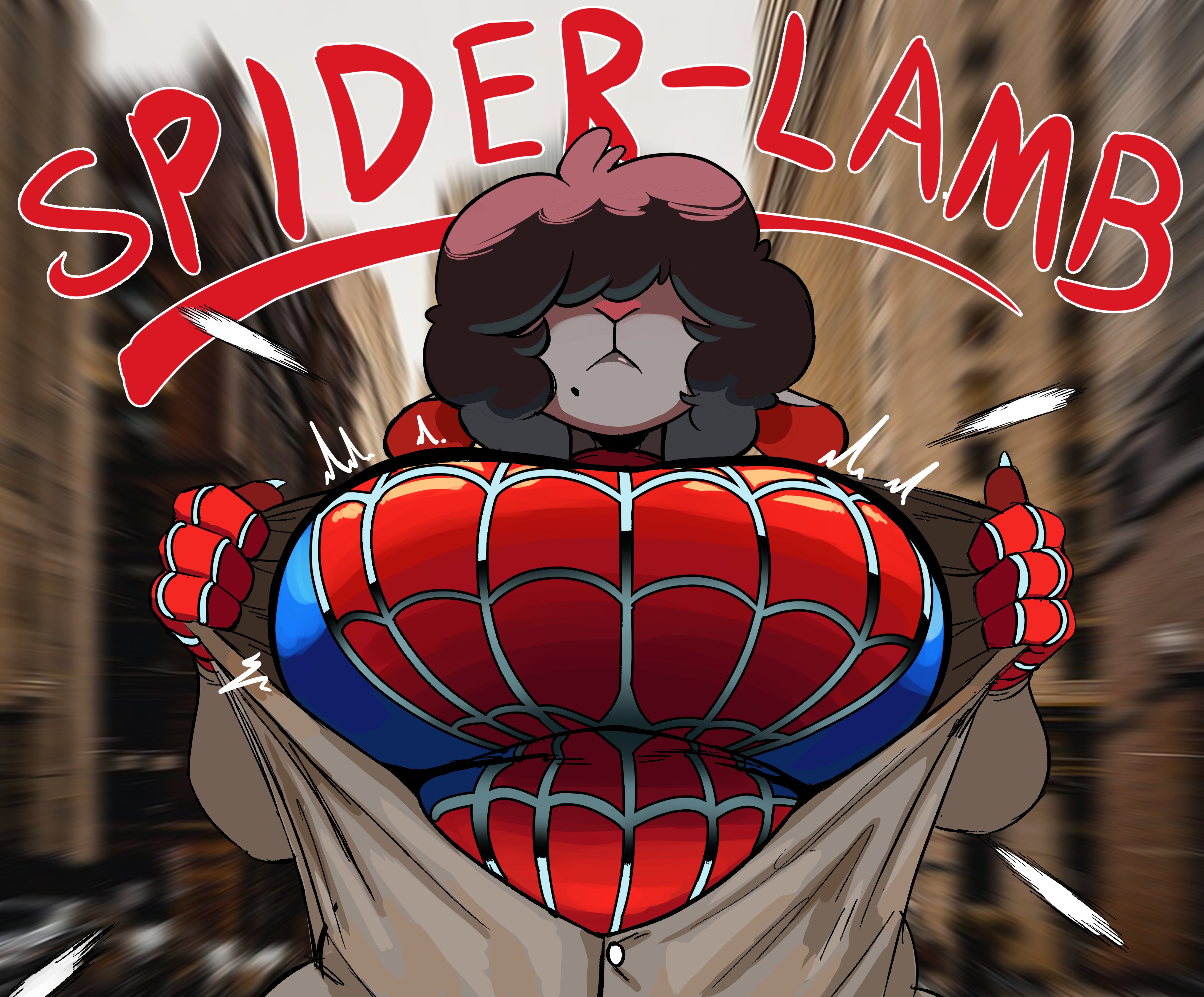 1boy, anthro, big breasts, big moobs, black body, black hair, black sheep, black wool, breasts, busty, busty male, caprine, isolatedartest, male, male only, male with breasts, marvel, marvel comics, moobs, sheep, spider-man (cosplay), tom (isolatedartest), wool (fur)