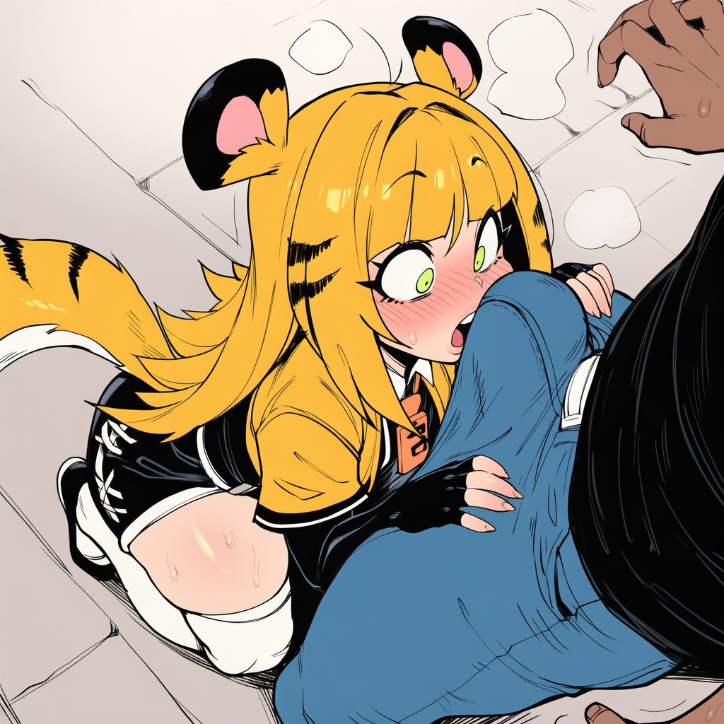 ai generated, erection, erection under clothes, female, green eyes, heavy breathing, horny, horny female, ju fufu, ju fufu (zenless zone zero), looking at penis, male, male pov, mochipawg, penis, sweat, sweatdrops, sweaty, tiger ears, tiger girl, tiger tail, zenless zone zero