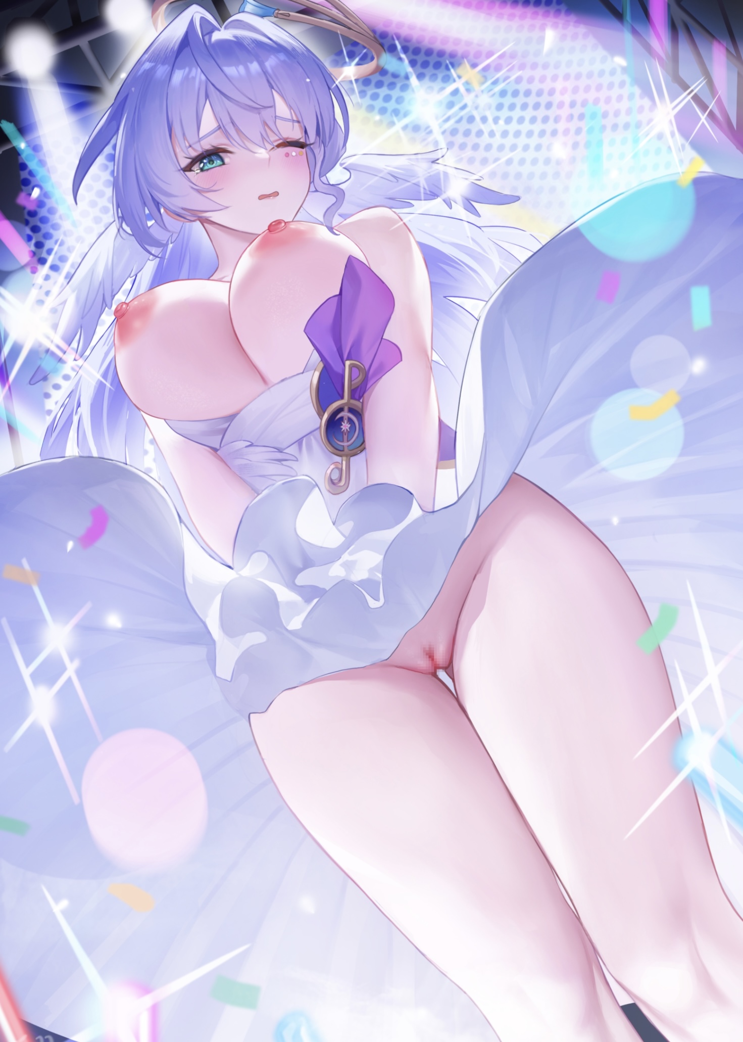1girls, big breasts, blush, blushing female, breasts, breasts out, exposed pussy, female, female focus, female only, green eyes, honkai: star rail, hoyoverse, legs, legs together, light skin, looking at viewer, nipples, no panties, one eye closed, pussy, robin (honkai: star rail), solo, solo female, solo focus, tagme, tagme (artist), thick thighs, white dress, wings, wings on head