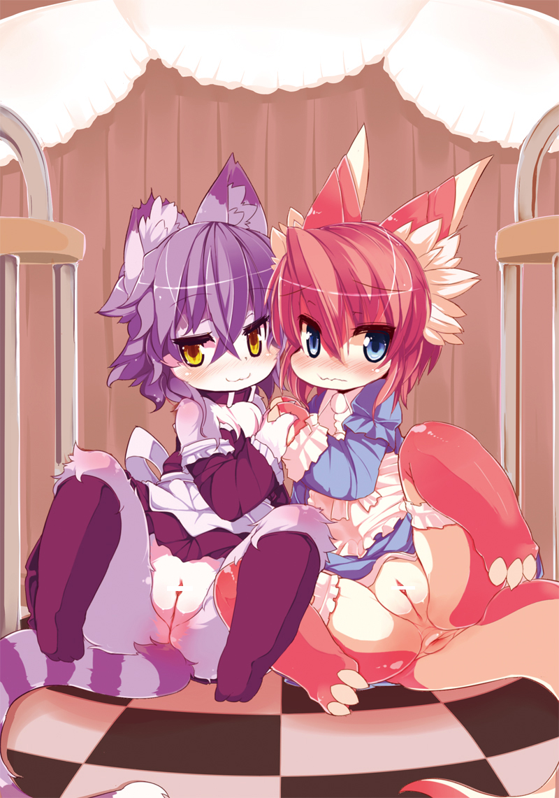 anus blue_eyes blush censored dragon feline female furry looking_at_viewer maid maid_uniform purple_hair pussy reptile ro scalie torn_ear yellow_eyes