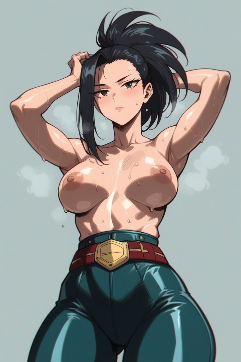 1girls, ai generated, armpits, big breasts, black hair, black-haired female, boku no hero academia, breasts, dark eyes, dark hair, faprunner78, female, female only, hand on head, hips, looking at viewer, momo yaoyorozu, my hero academia, natural breasts, nipples, one hand behind head, perky breasts, slim female, slim waist, steam, sweat, sweaty, sweaty body, thick thighs, thighs, tied hair, topless, waist, wide hips