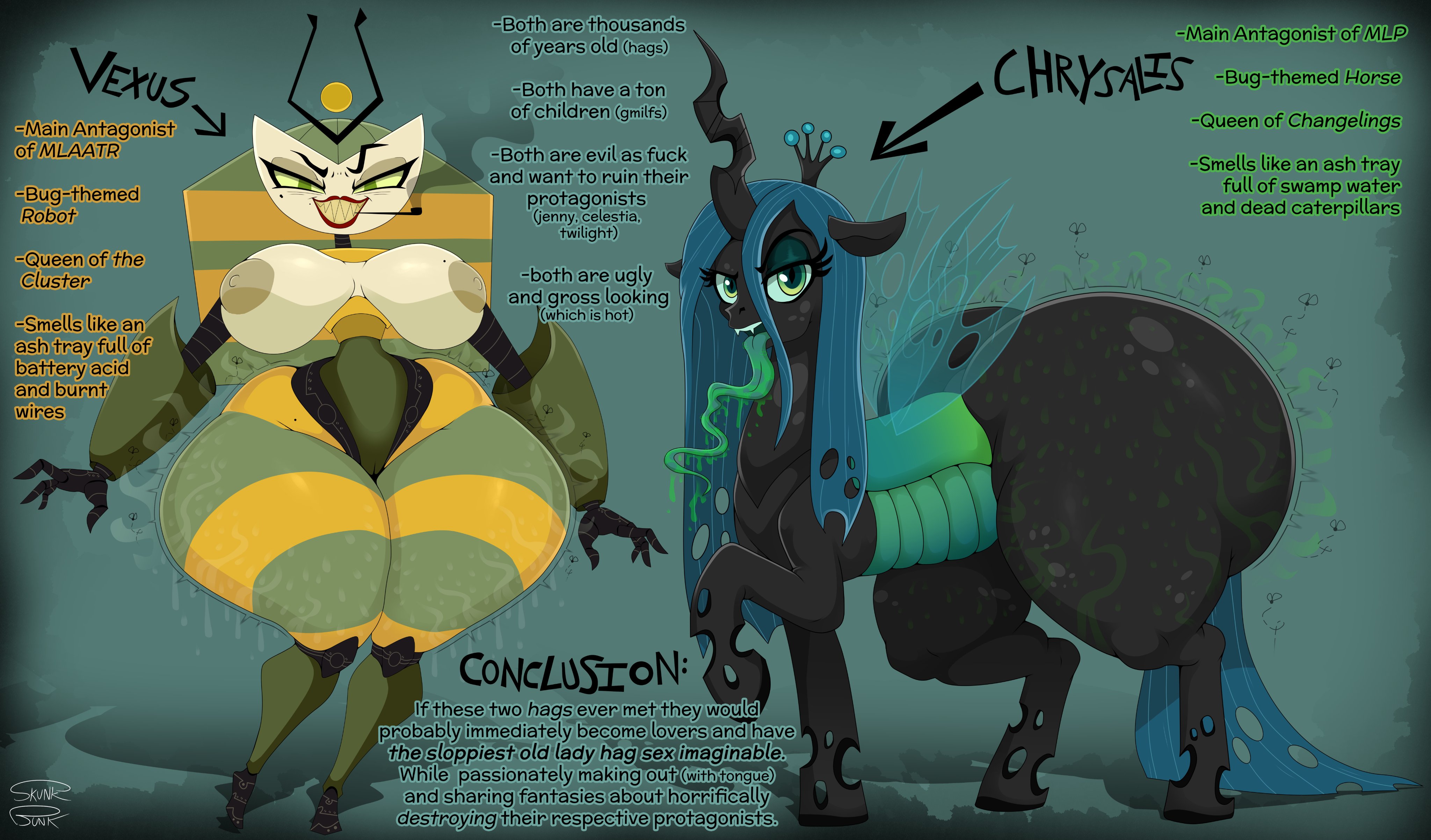breasts, comparing, comparison, crossover, english text, female, huge ass, long tongue, my life as a teenage robot, my little pony, queen chrysalis (mlp), queen vexus, sharp teeth, skunk bunk, smell, smelly, smoking, stink fumes, stink lines, stinky, sweaty, text, vexus