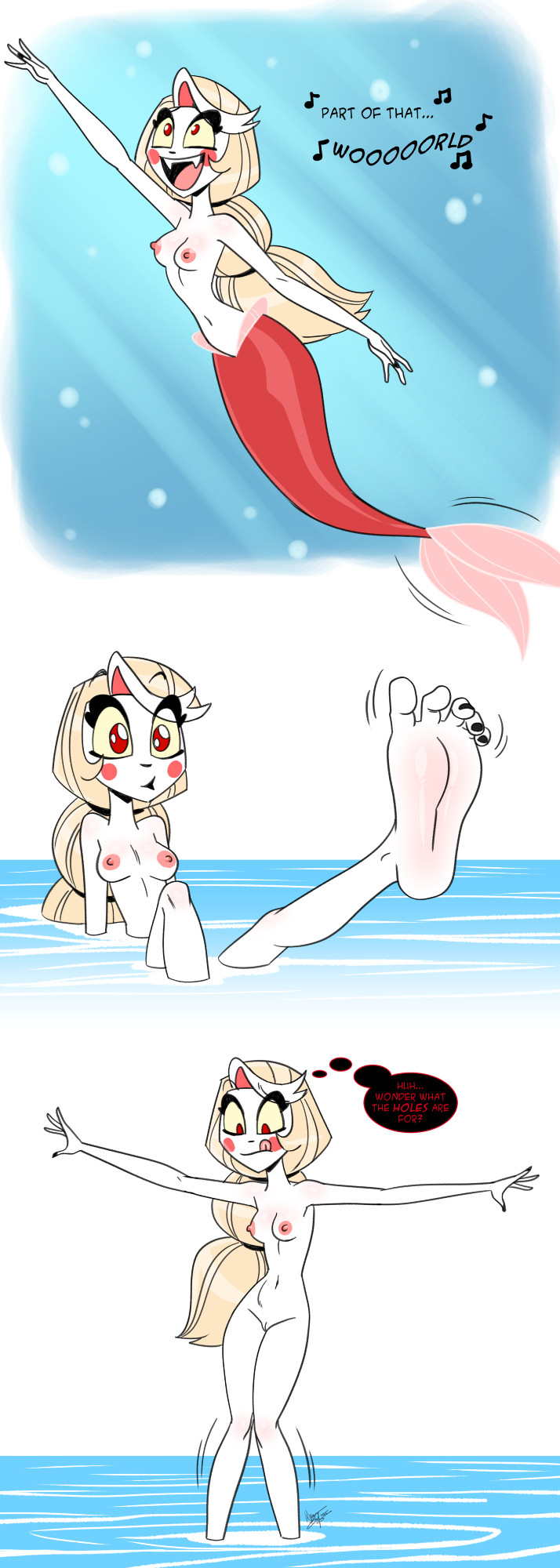 1girls, aeolus06, amazon prime, belly button, black toenails, blonde hair, breasts, casual, charlie morningstar (hazbin hotel), cute, demon, demon girl, disney, feet, feet focus, female, female focus, female only, fish tail, genitals, hazbin hotel, merfolk, mermaid, musical note, naked, navel, nude, pale skin, parody, pussy, singing, skinny dipping, slender body, small breasts, solo, standing, the little mermaid, thought bubble, toenails, tongue, tongue out, topless, underwater, vagina, vivienne medrano, white skin, youtube