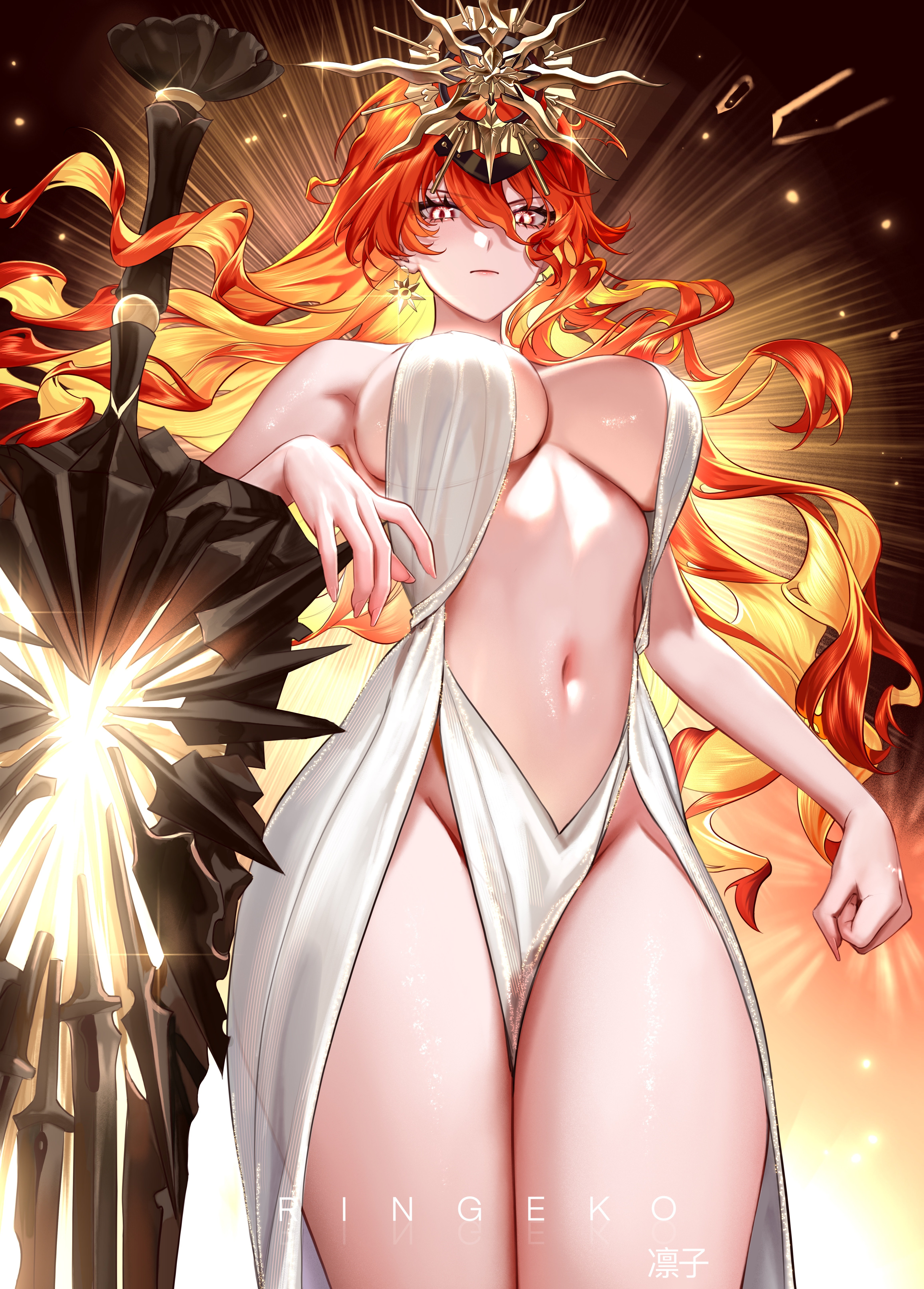 augusta (wuthering waves), big breasts, breasts, crown, earrings, eyes, female, from below, hair, lips, nipples, no bra, no panties, nude, red hair, redhead, ringeko chan, sword, tagme, thick thighs, thin waist, white clothes, white skin, woman, wuthering waves