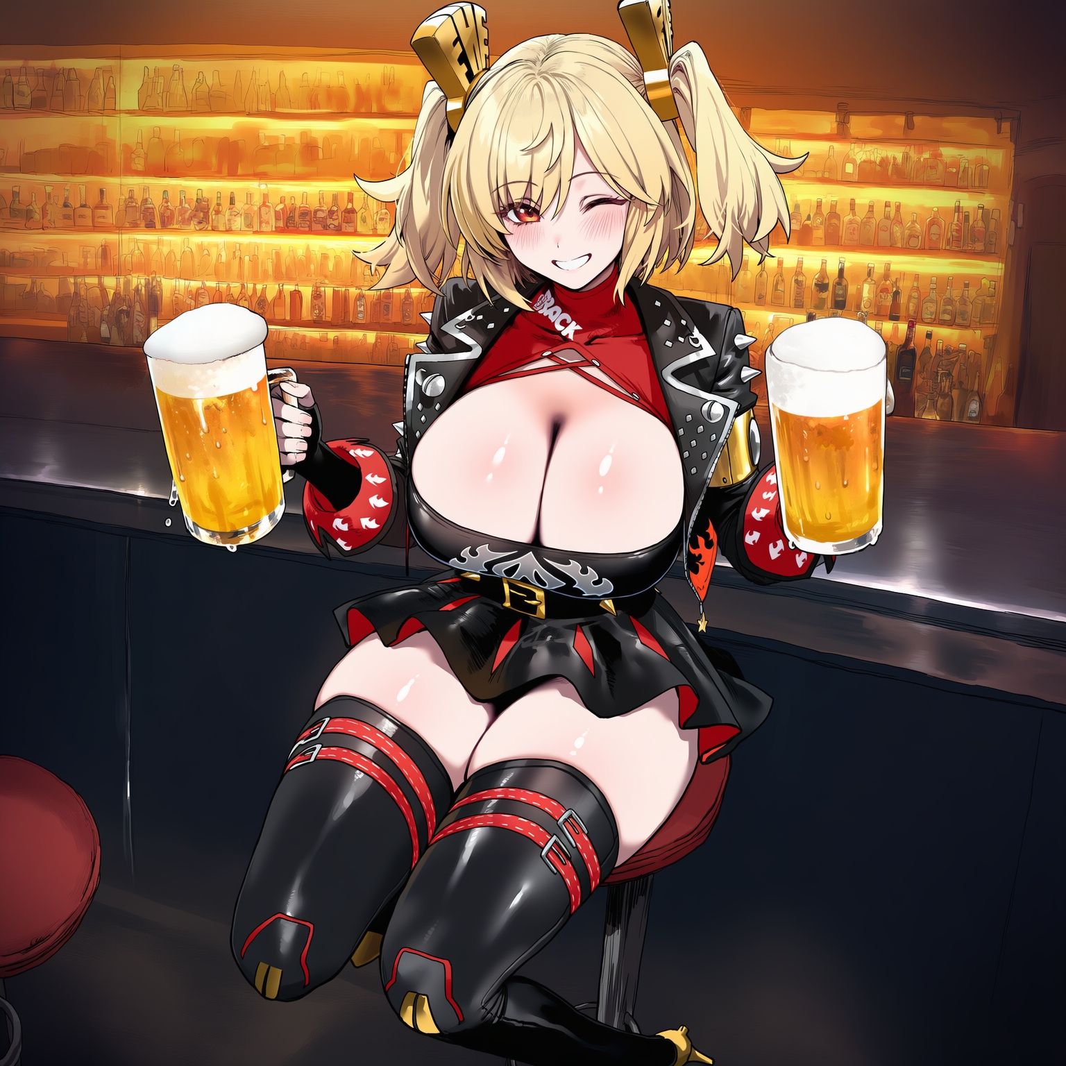 1girls, ai generated, beer, beer mug, big breasts, blonde hair, breasts, burnice white, female, huge breasts, large breasts, light-skinned female, navel, red eyes, skirt, smiling, smiling at viewer, thick thighs, thighs, truck kun, twintails, zenless zone zero